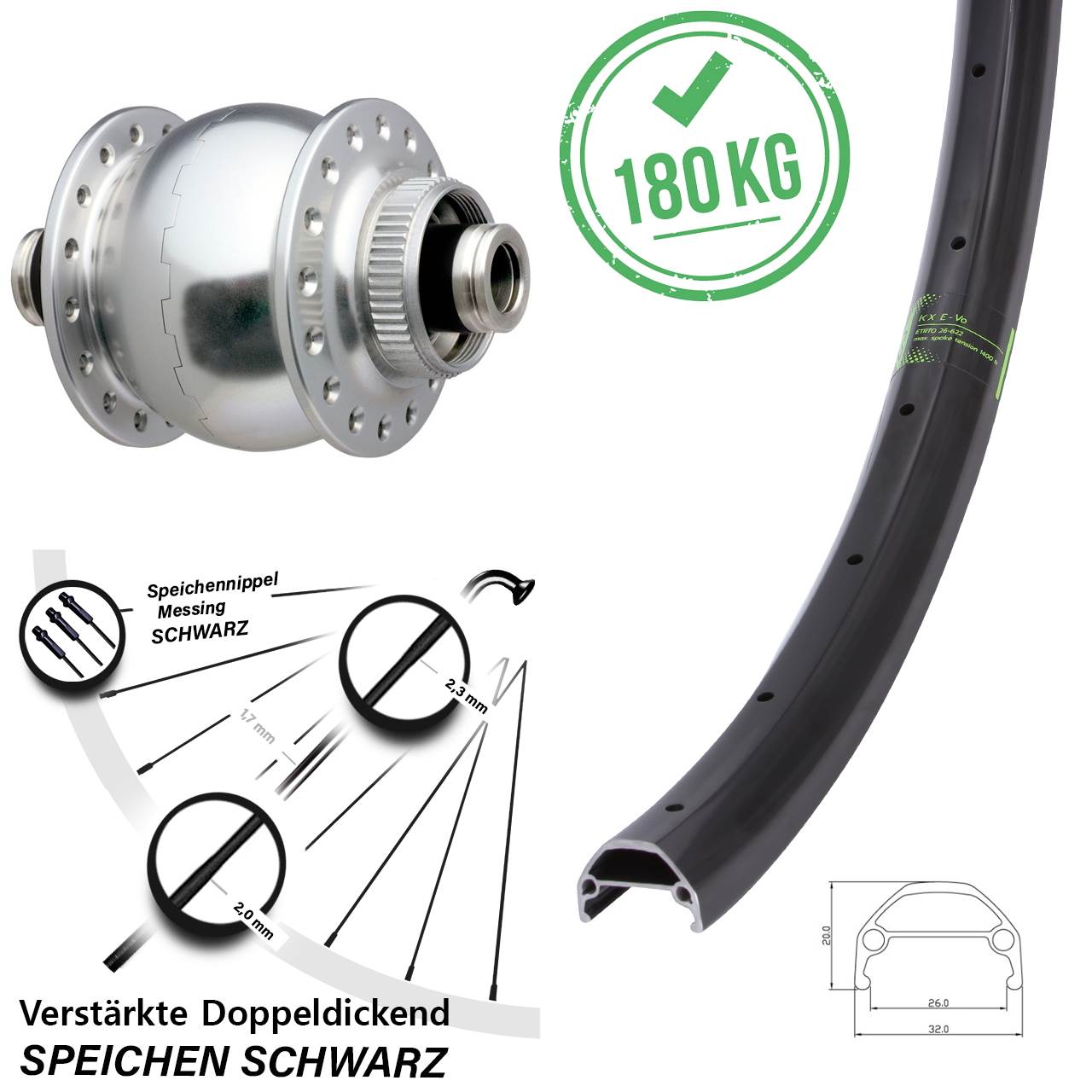 Disc Vorderrad mit Nabendynamo 12x100 27,5 Zoll KX Evo SON 28 silbern