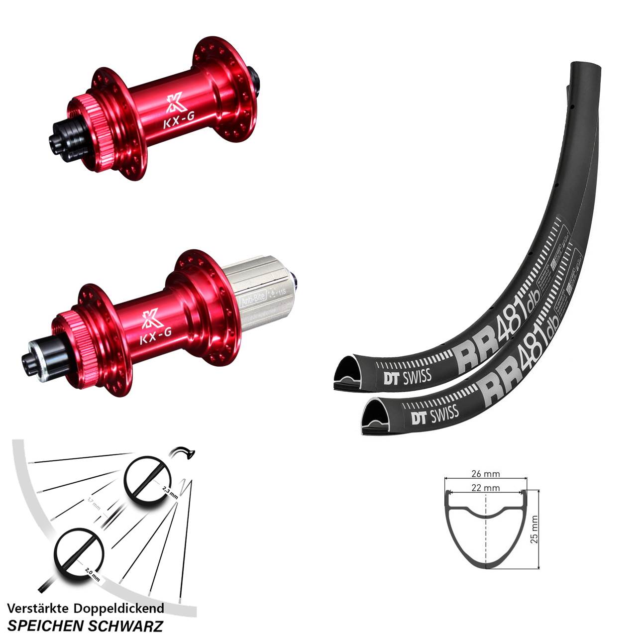 Disc Laufradsatz für Schnellspanner 28 Zoll DT Swiss RR 481 KX-G rot 8-12 fach