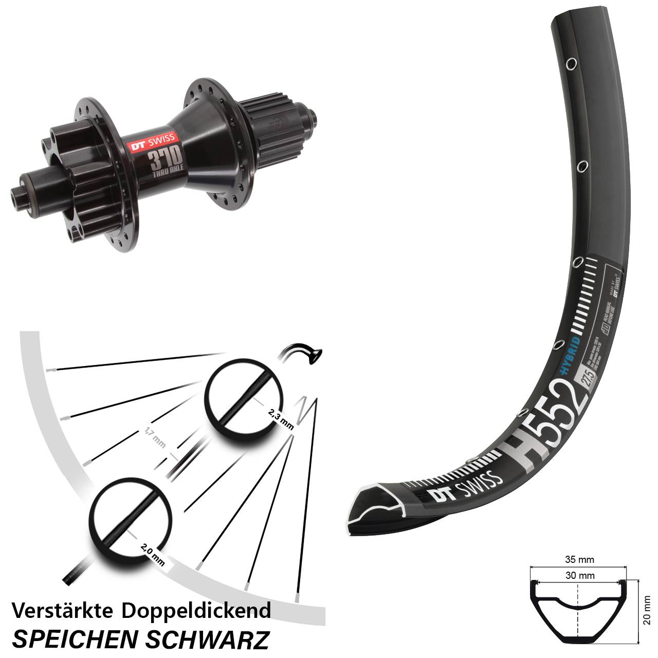 Hinterrad 6-Loch 27,5 Zoll DT Swiss H 552 DT Swiss 370 Micro Spline für Schnellspanner