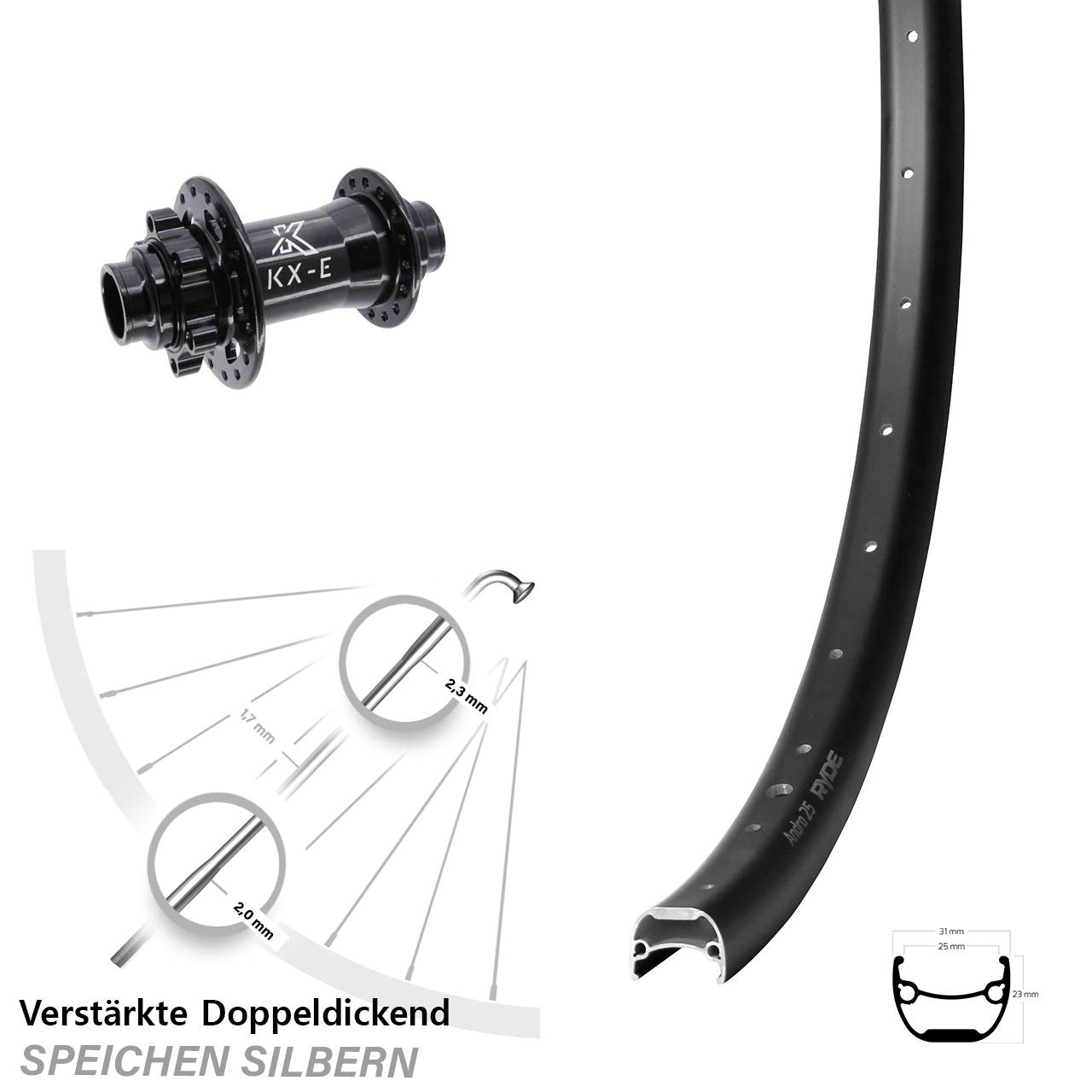 6-Loch Vorderrad 20x110 non Boost 28-29 Zoll Ryde Andra 25 KX-E