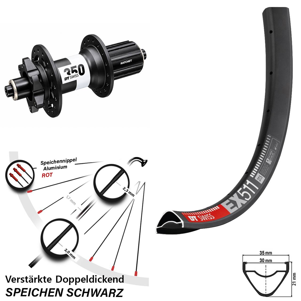 Hinterrad 6-Loch 29 Zoll DT Swiss EX511-350 Ratchet 36 8-11 fach für Schnellsp.
