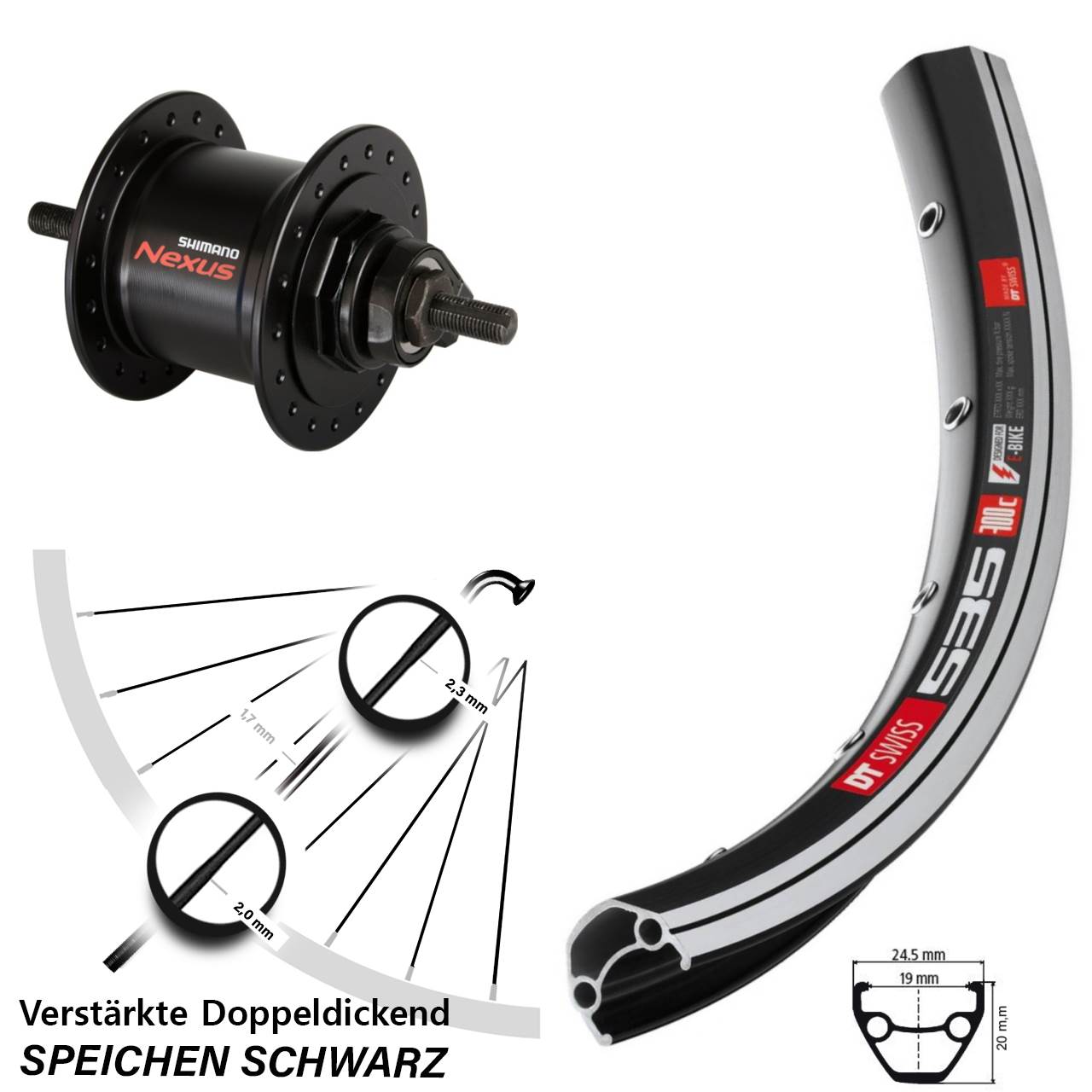 Nabendynamolaufrad Vollachse 26 Zoll DT Swiss 535 Shimano Nexus DH-C3000-1N