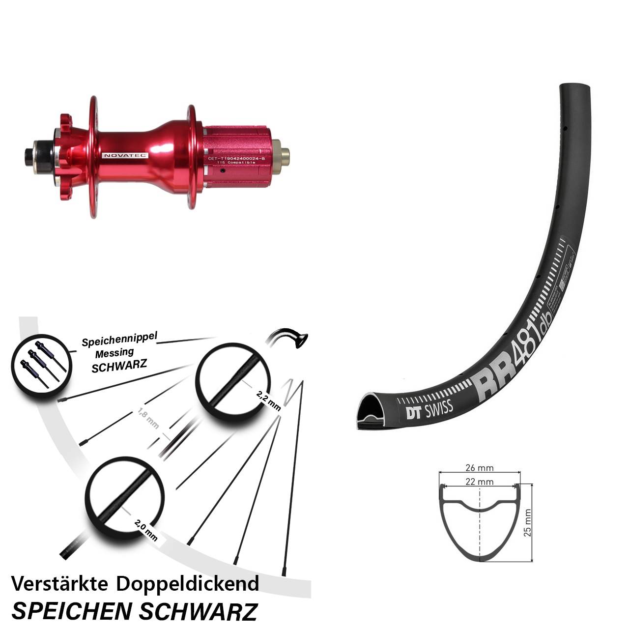 28 Zoll Hinterrad DT Swiss RR 481 Disc mit Novatec D792SB Nabe rot 8-12 fach
