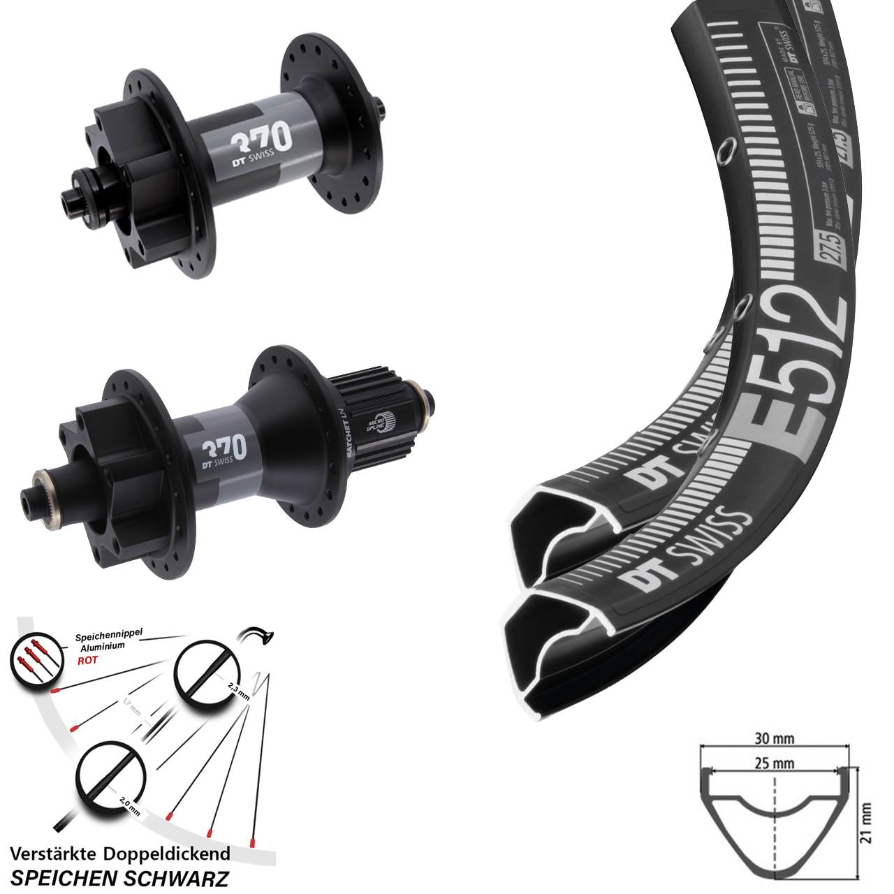 Laufradsatz 27,5 Zoll 6-Loch DT Swiss E 512-370 Hybrid Micro Spline QR