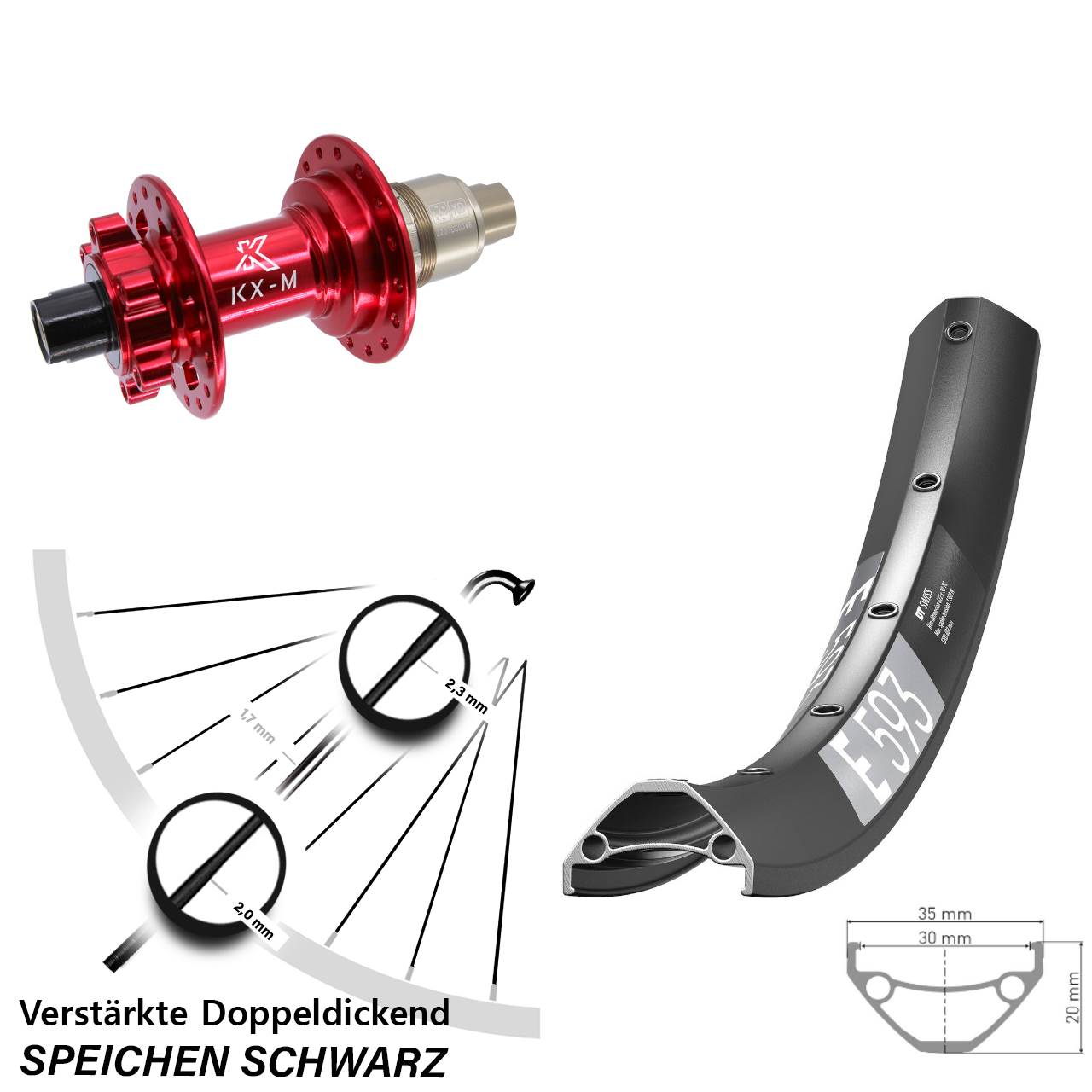 29 Zoll DT Swiss E 593 KX-M rot Hinterrad 6-Loch 12x142 XD 11-12 fach
