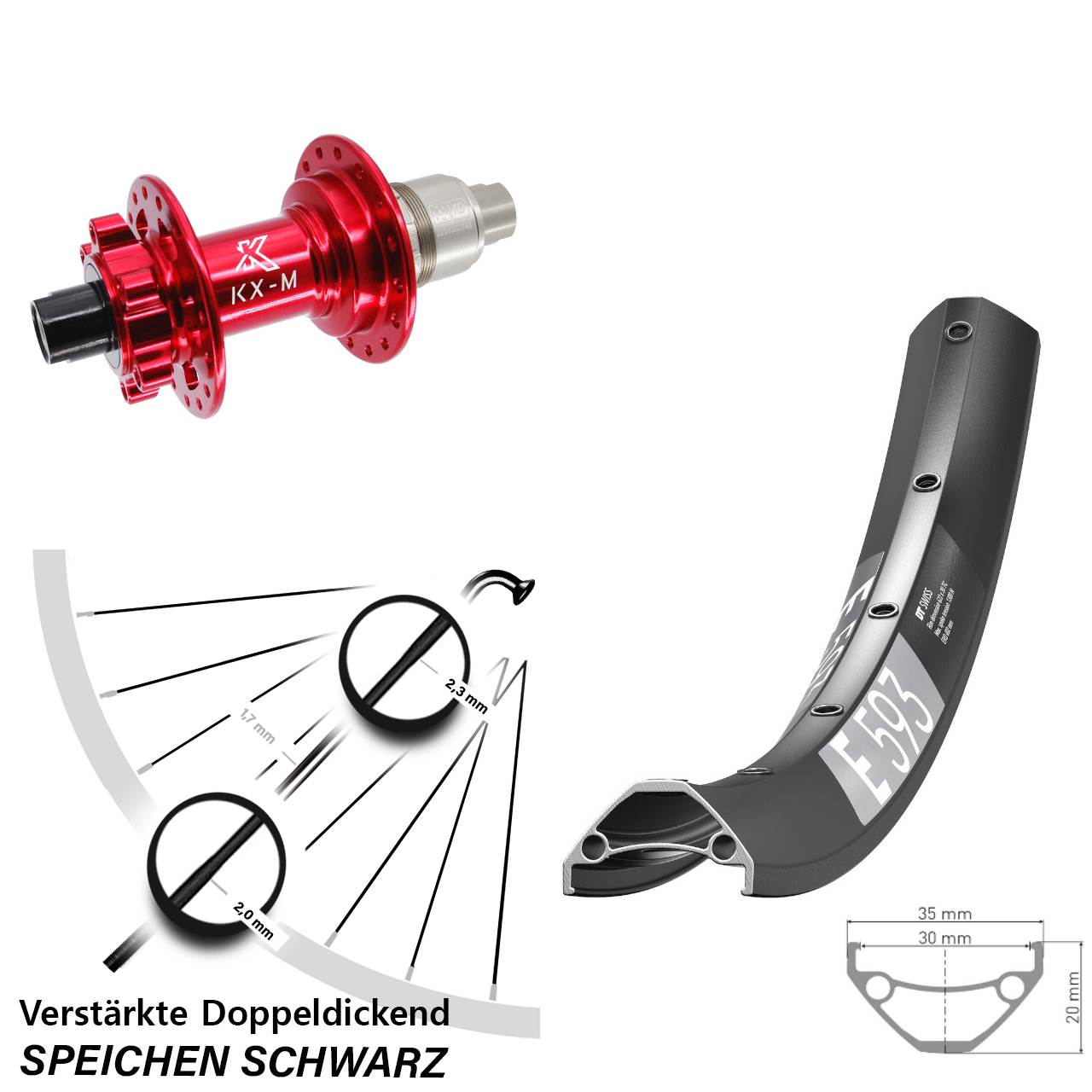 29 Zoll DT Swiss E 593 KX-M rot Hinterrad 6-Loch 12x142 XD 11-12 fach