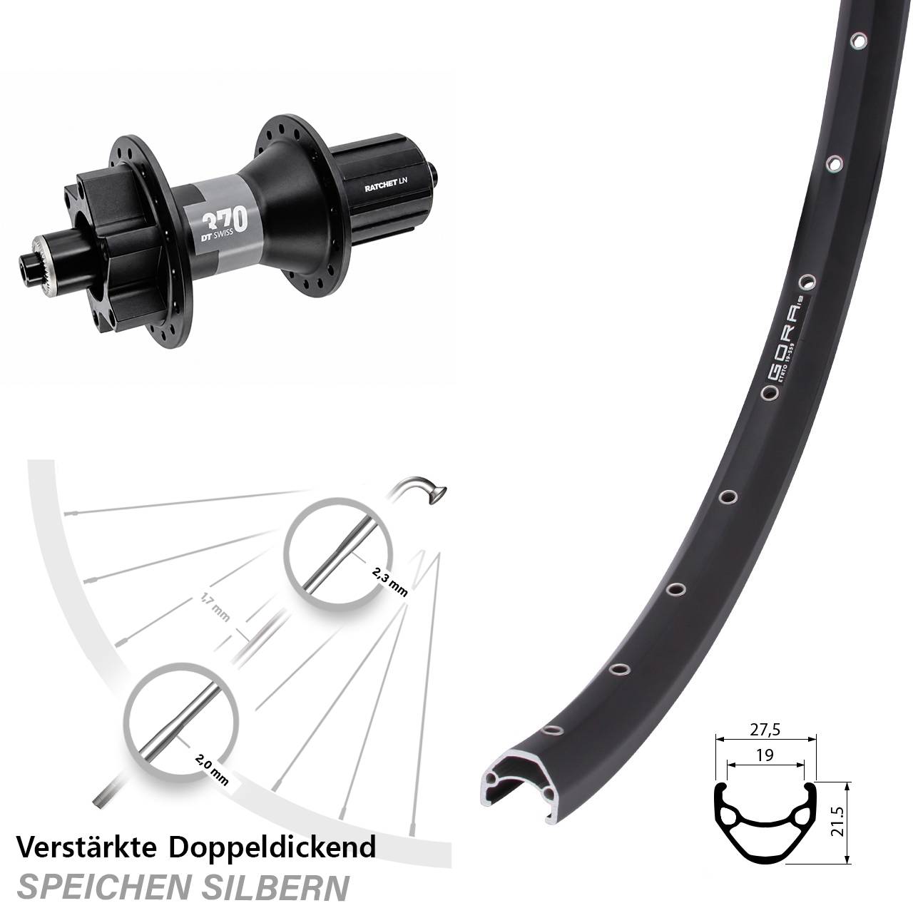 Gora 19 DT Swiss 370 28 Zoll 6-Loch Hinterrad für Schnellspanner 8-11 fach HG
