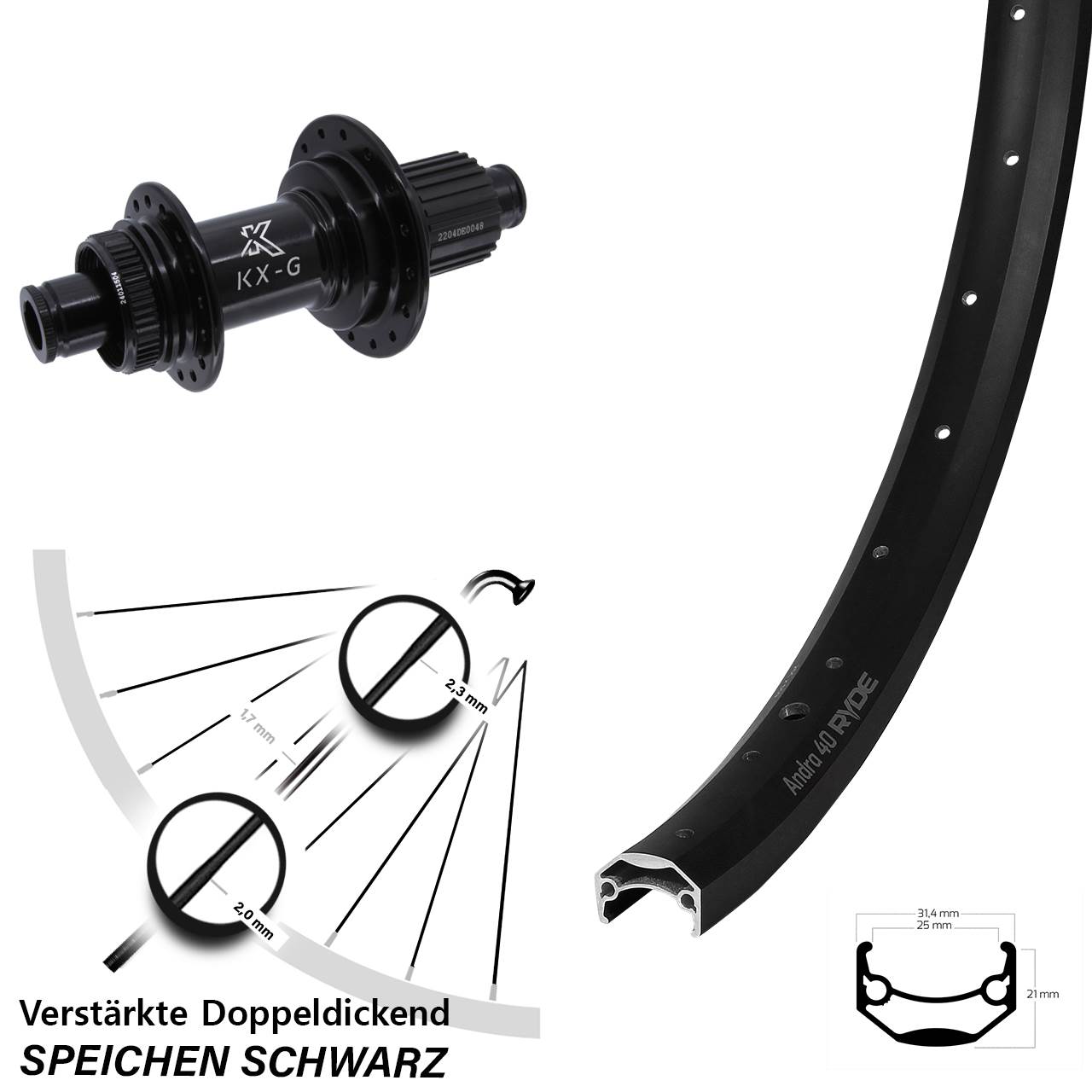 Hinterrad Centerlock 26 Zoll Ryde Andra 40 KX-GS verstärkt Shimano Micro Spline 12x142