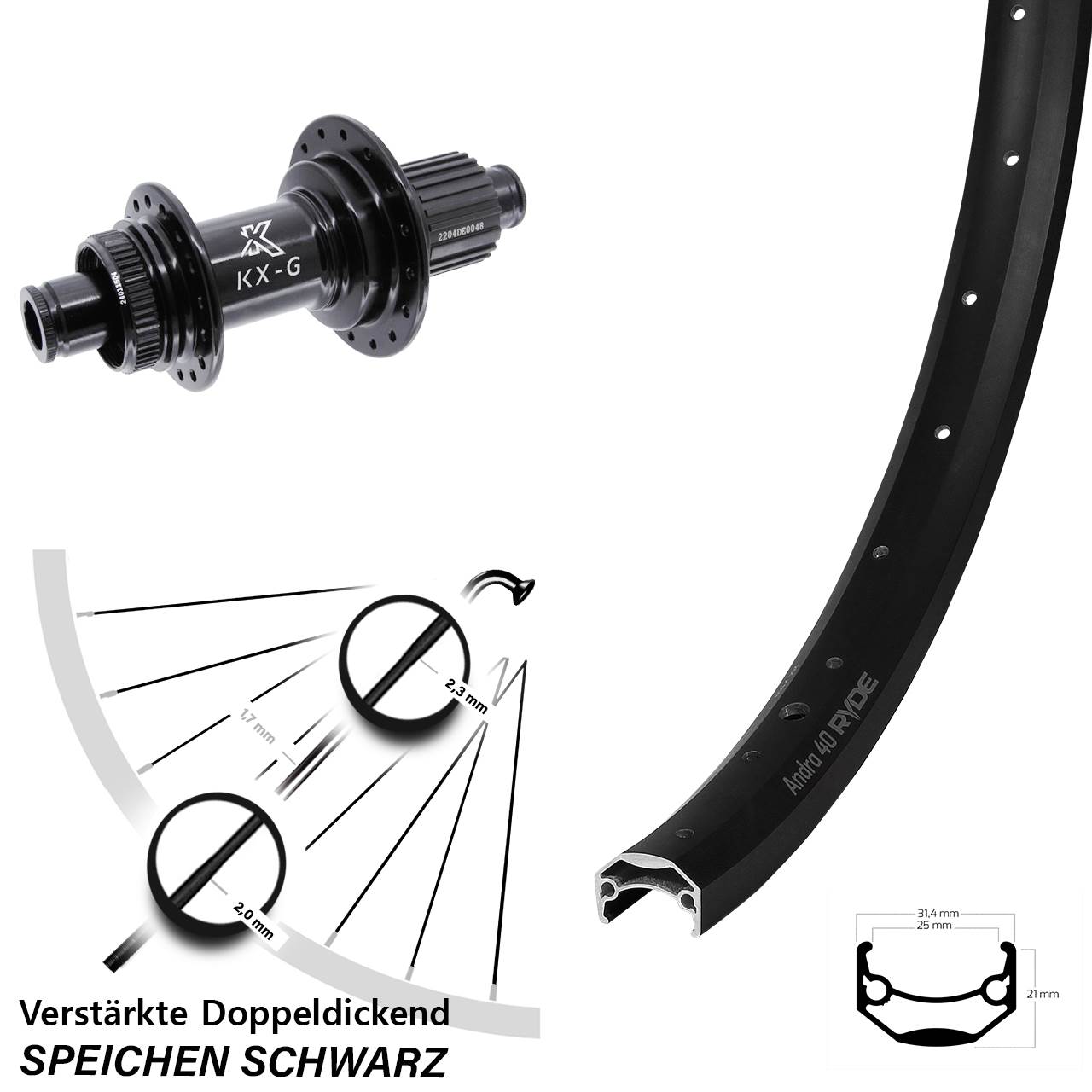 Hinterrad Centerlock 26 Zoll Ryde Andra 40 KX-GS verstärkt Shimano Micro Spline 12x142