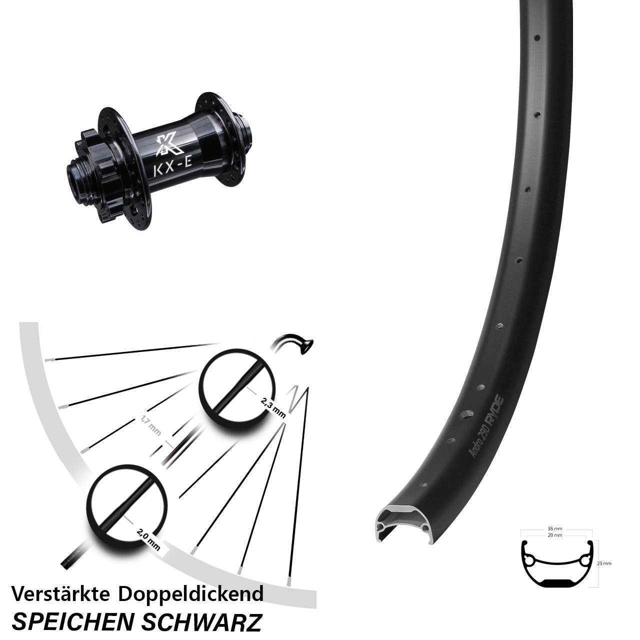 Ryde Andra 29 Zoll Vorderrad mit KX-E Disc 15x100 mm 6-loch verstärkt