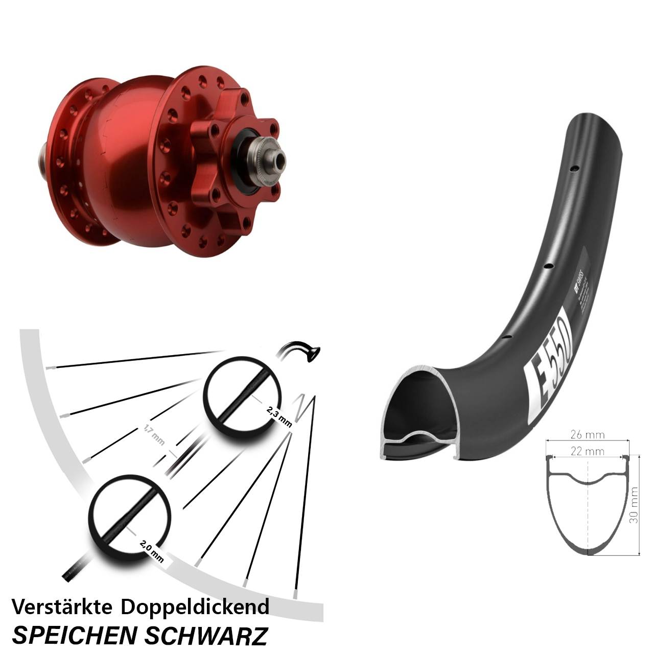 DT Swiss E 550 roter SON 28 Zoll 6-Loch Nabendynamo-Vorderrad für Schnellspanner