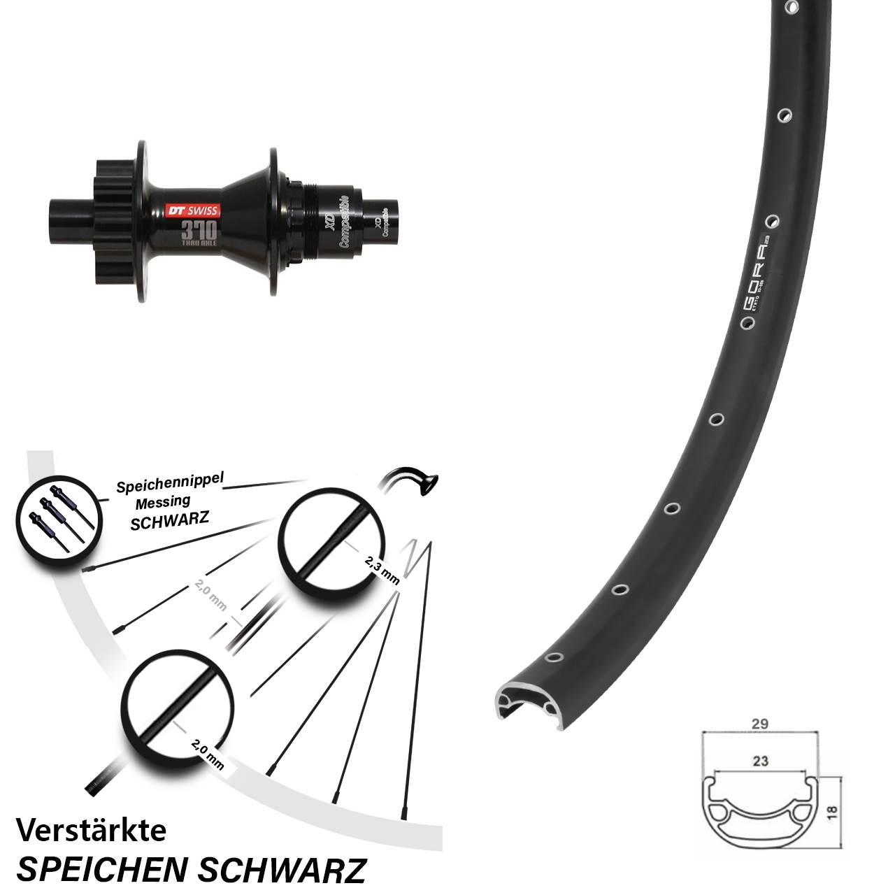 Hinterrad 26 Zoll Gora 23 DT Swiss 370 Steckachse 12x142 mm Sram XD Disc 6-Loch