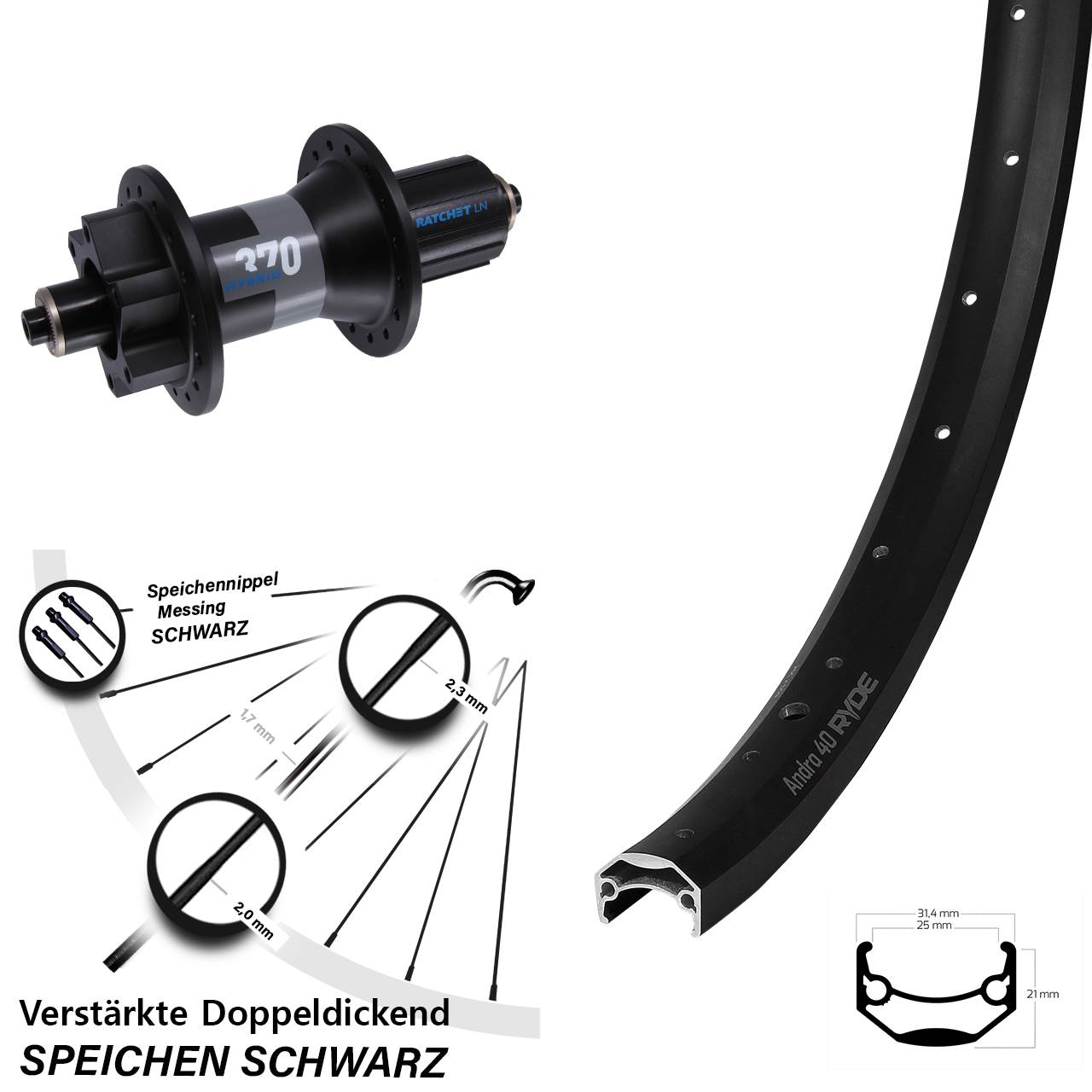 Boost 6-Loch Hinterrad QR 650B Ryde Andra 40 DT Swiss 370 Hybrid 8-11 fach HG