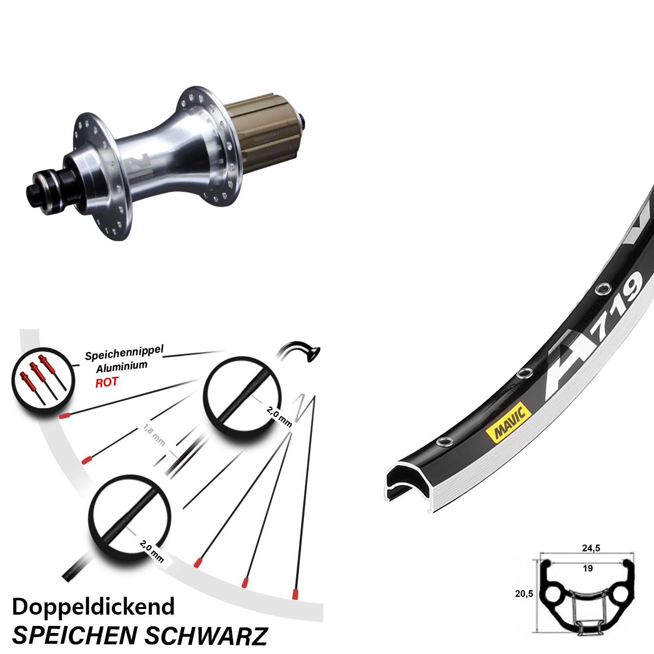 Mavic A 719 28 Zoll Hinterrad 5x130 mm Novatec F162 silbern 8-12 fach