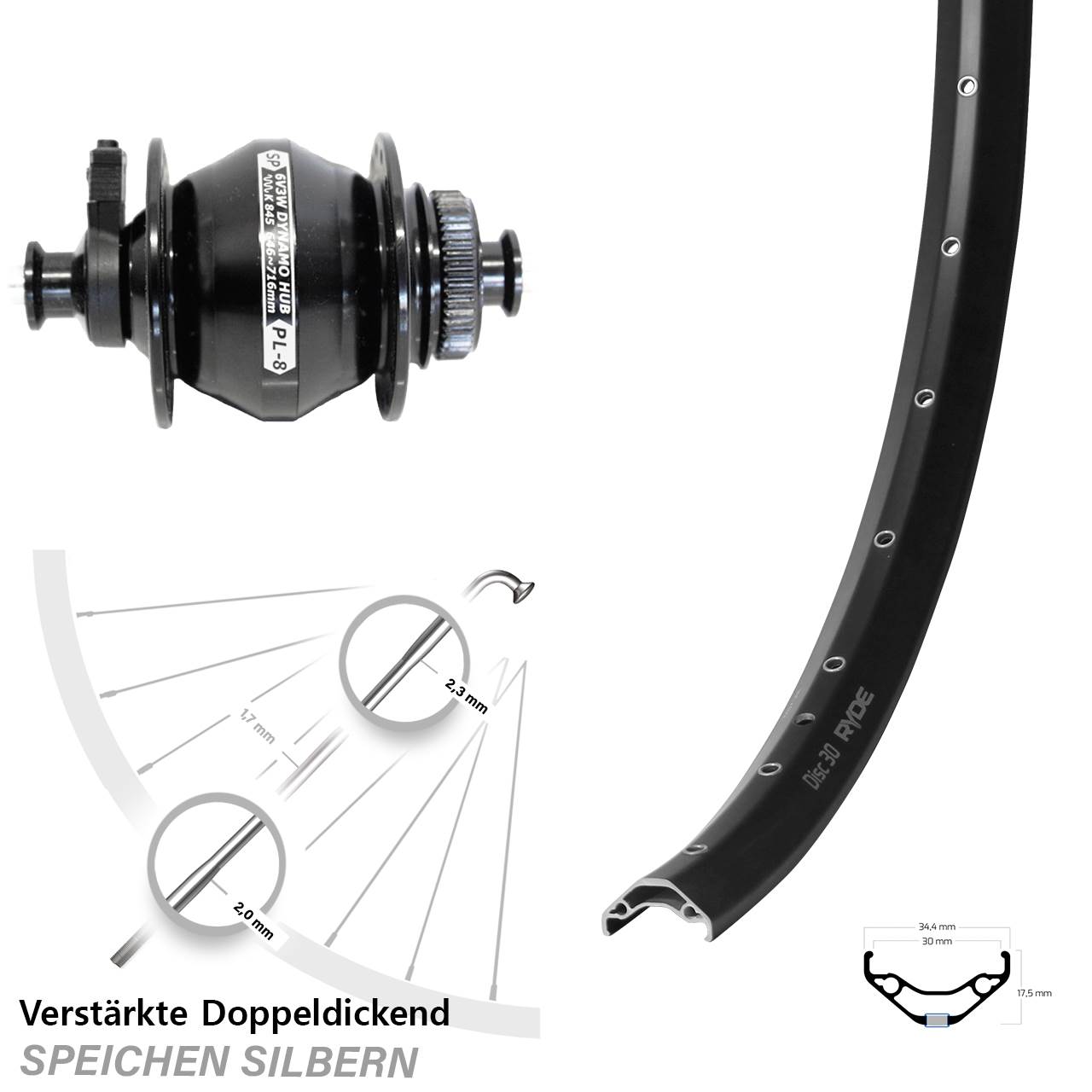 Nabendynamovorderrad Centerlock für Schnellspanner 29 Zoll Ryde Disc 30 SP PL-8