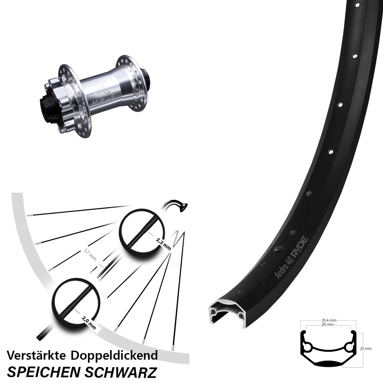 26 Zoll Ryde Andra 40 KX-E Disc Laufrad 15x100