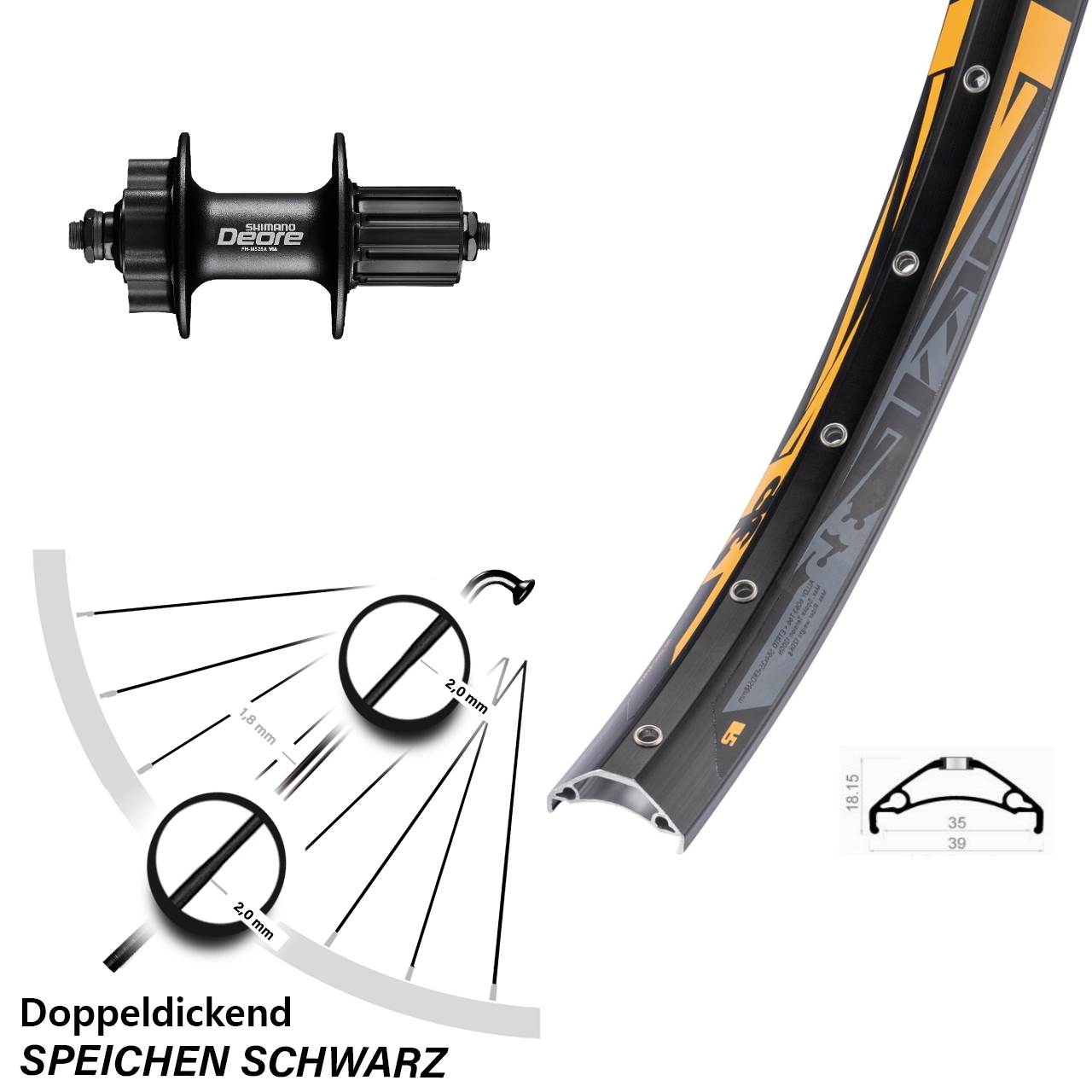 27,5 Zoll Rodi TRYP 35 Shimano Deore 6-Loch Hinterrad für Schnellspanner 8-11 fach