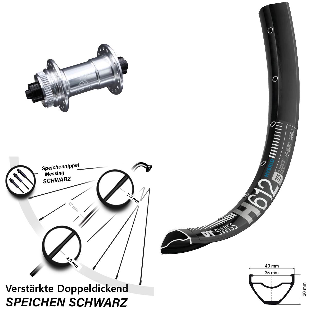 verstärktes 27,5+ Zoll Vorderrad DT Swiss H 612 Nabe silbern-eloxiert KX-E Centerlock