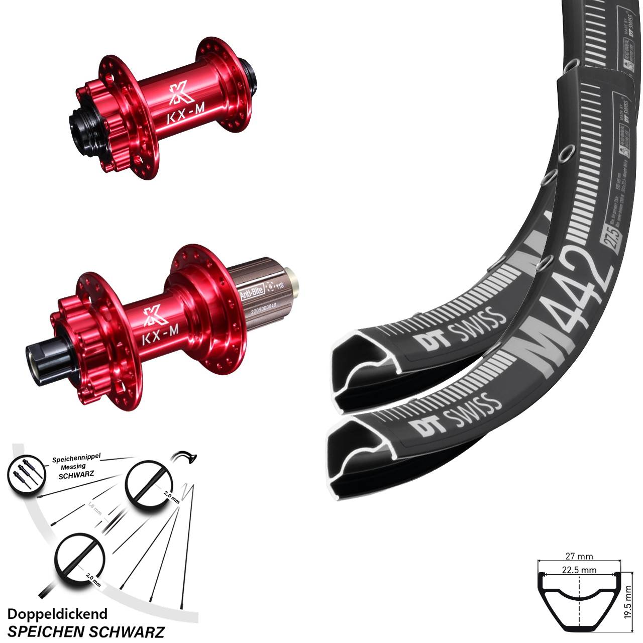 Laufradsatz 6-Loch 15x100 12x142 28 Zoll DT Swiss M 442 KX-M rot 8-12 fach