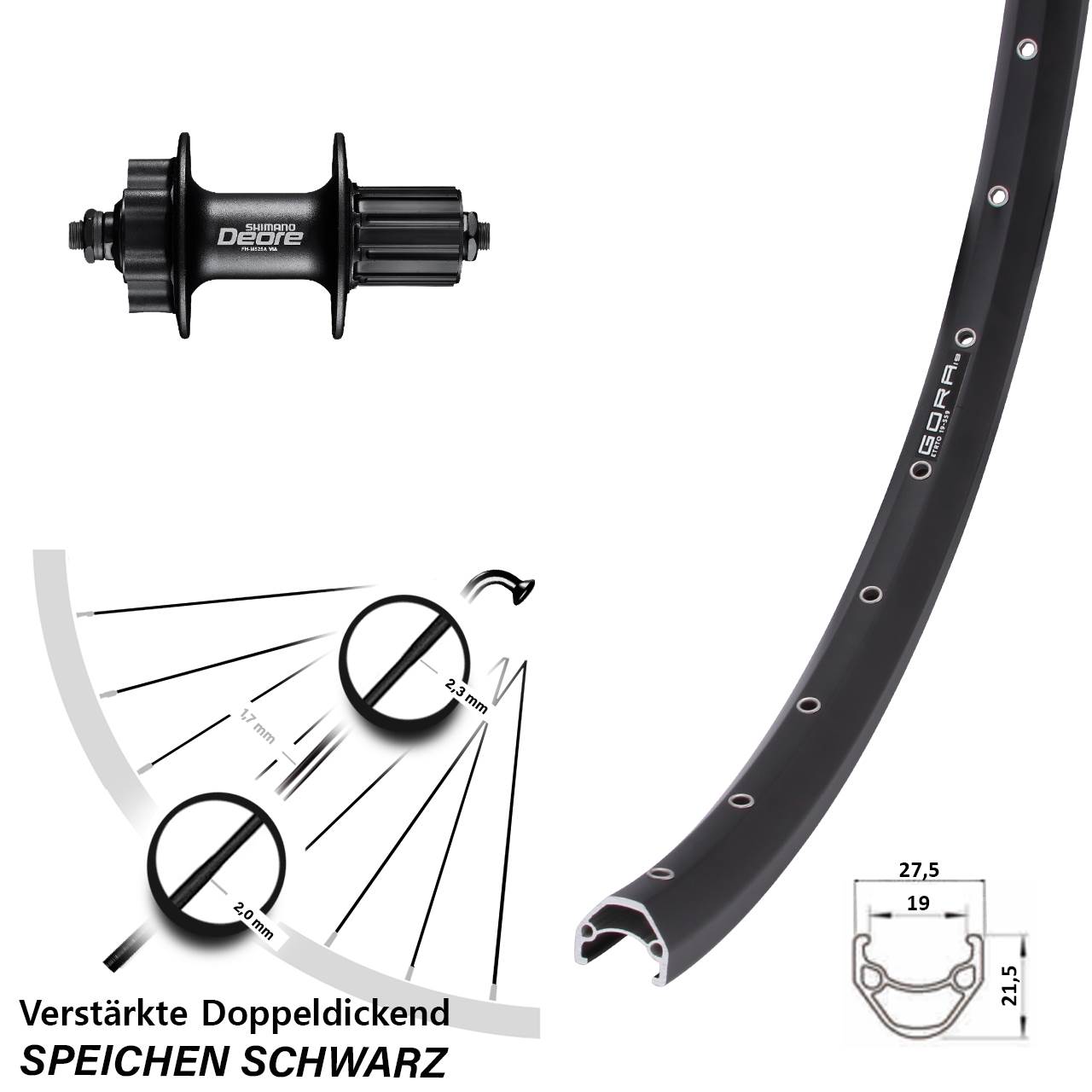Disc Laufrad 27,5 Zoll Gora 19 Shimano Deore FH-M525 8-11 fach HG QR