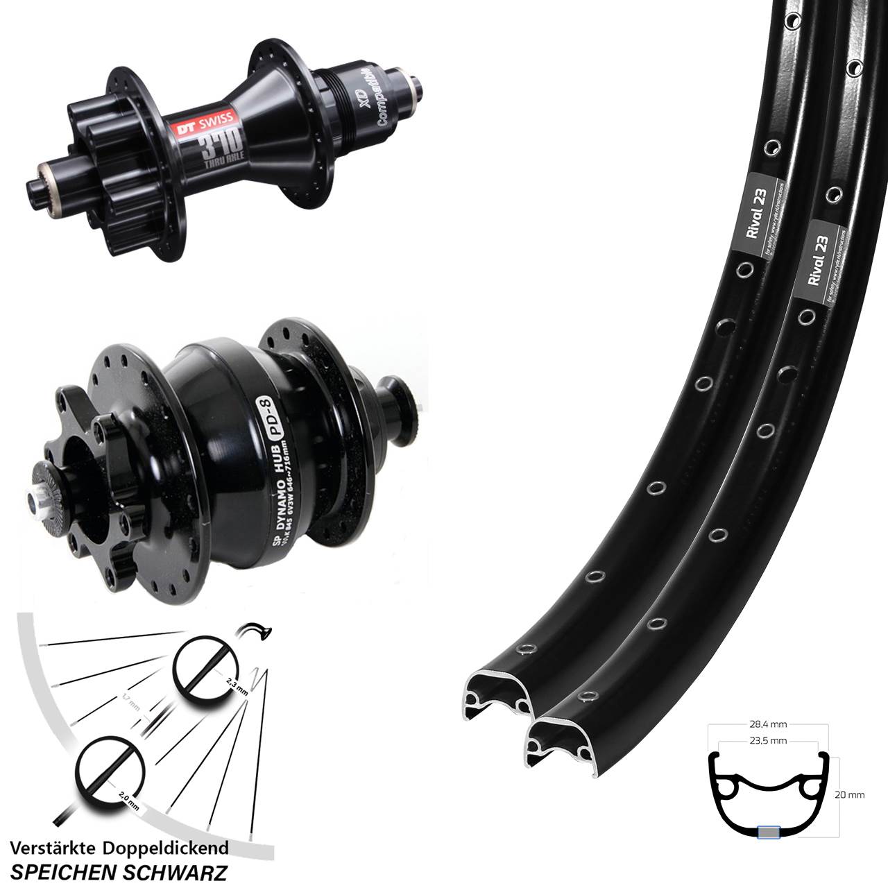 27,5 Zoll Ryde Rival 23 Disc schwarz Laufradsatz 5x100/135 DT Swiss 370 3P XD SP PD-8