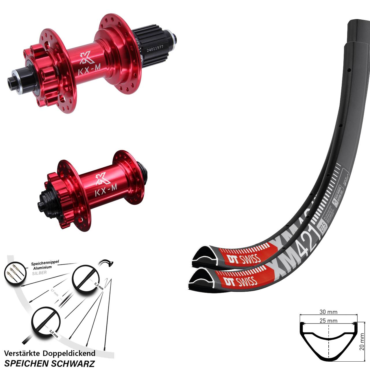 Disc Laufrad-Satz 27,5 Zoll DT Swiss XM421 KX-M rot Shimano Micro Spline QR