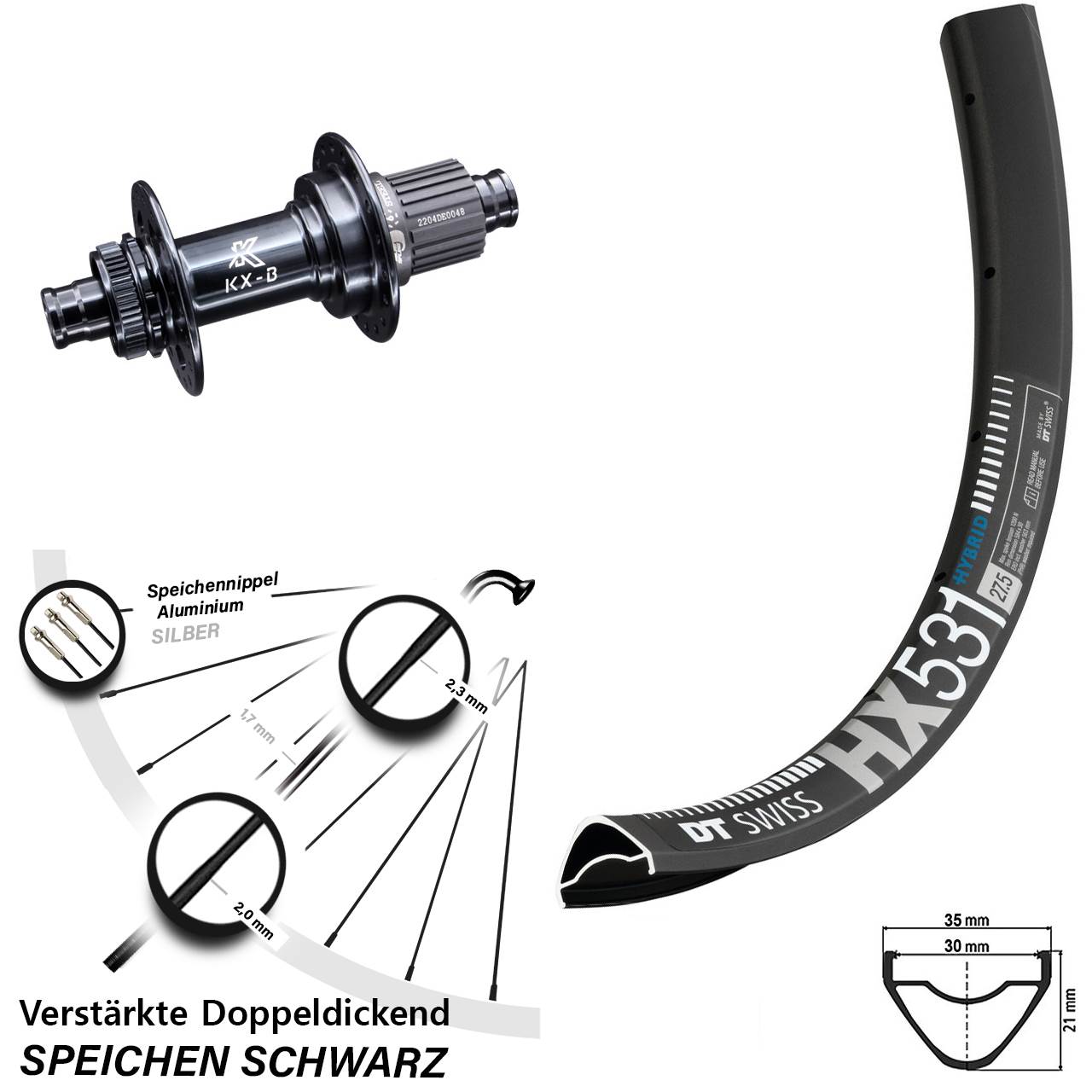 29 Zoll Hinterrad KX-B 12x148 mm Boost Centerlock DT Swiss HX 531 verstärkt Micro Spline