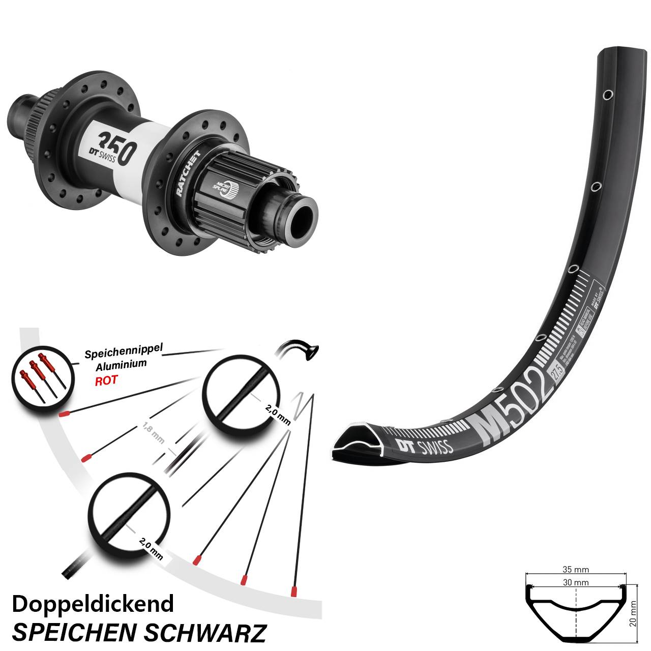 29 Zoll DT Swiss M502-350 Centerlock Hinterrad 12x148 Shimano Micro Spline