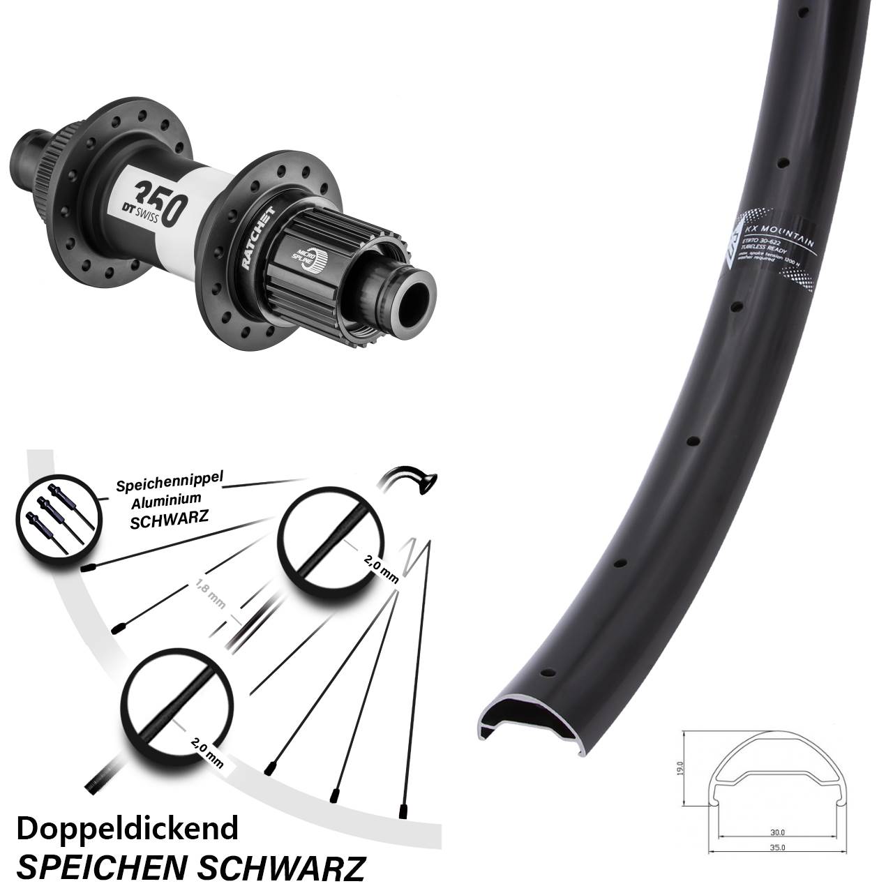Hinterrad Centerlock 29 Zoll KX Mountain DT Swiss 350 Micro Spline 12x142