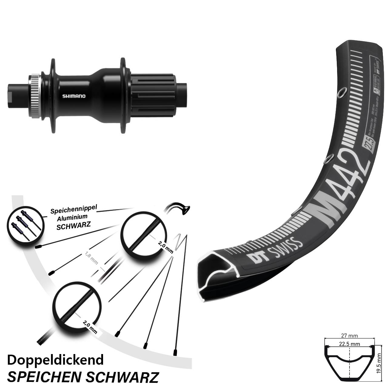 DT Swiss M442 Shimano FH-TC500 28-29 Zoll Hinterrad Centerlock 12x142 11-12 fach