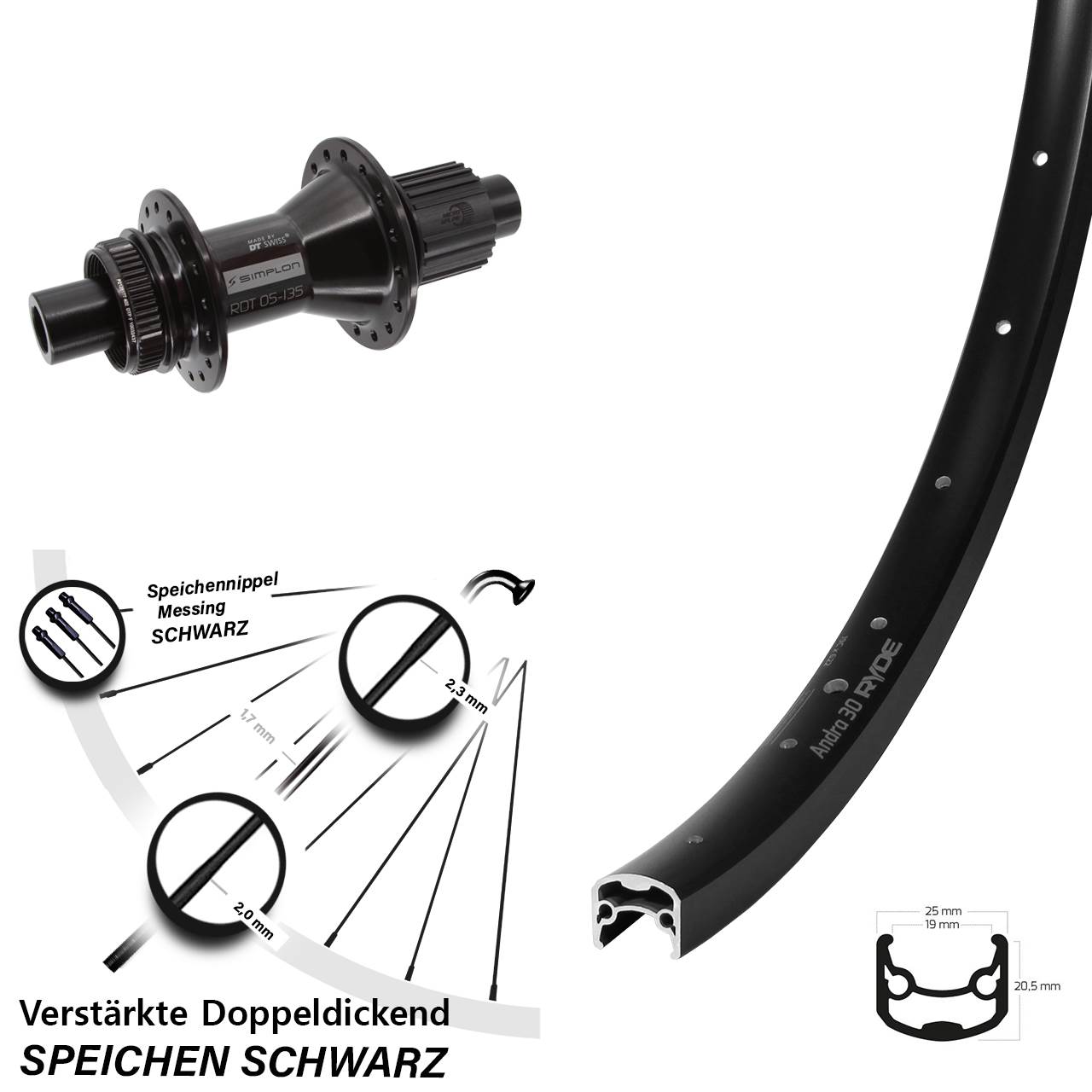 Disc Hinterrad 29 Zoll Ryde Andra 30 Disc DT Swiss 370 Hybrid Micro Spline 12x142