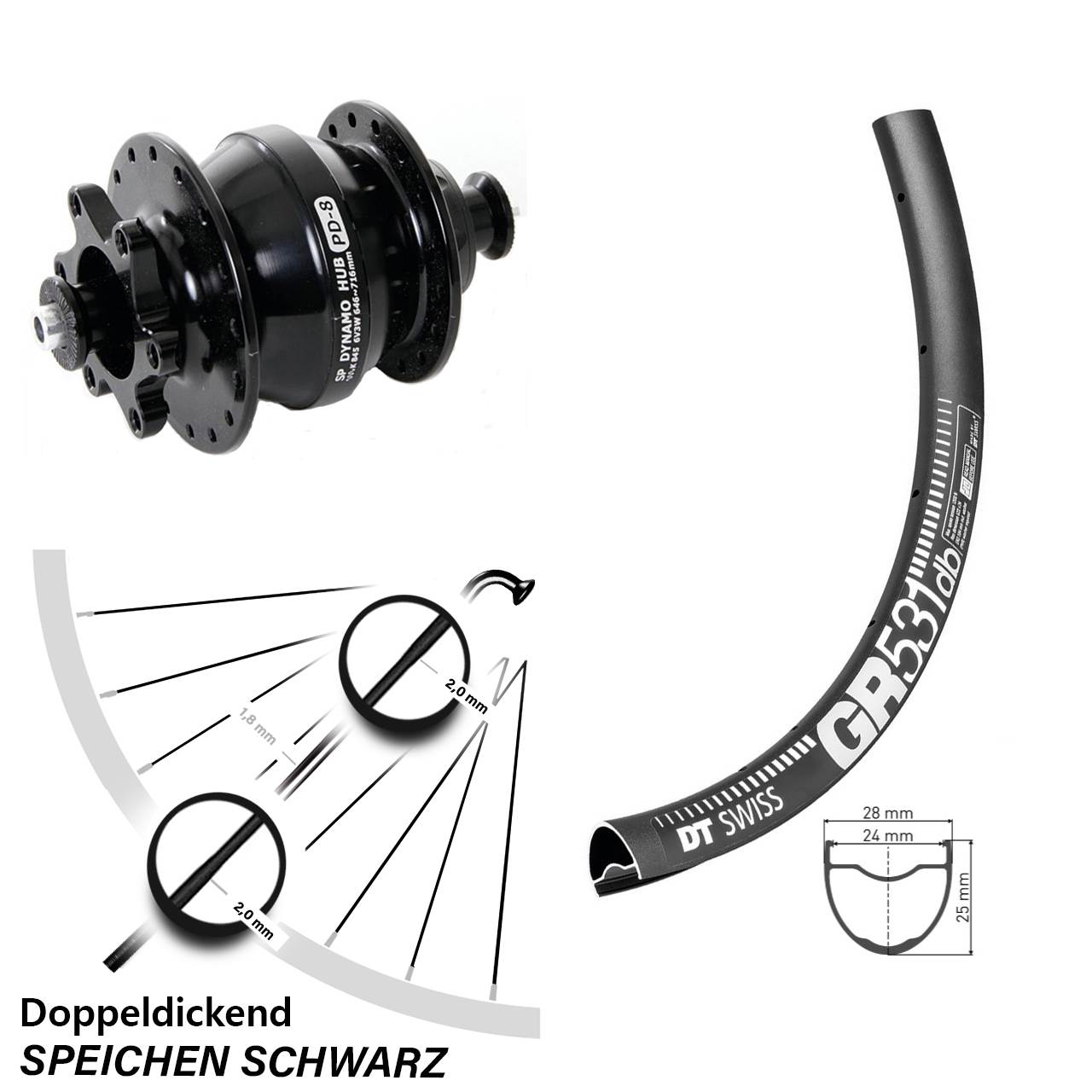 27,5 Zoll DT Swiss GR531 Shutter Precision PD-8 Disc Vorderrad mit Nabendynamo QR