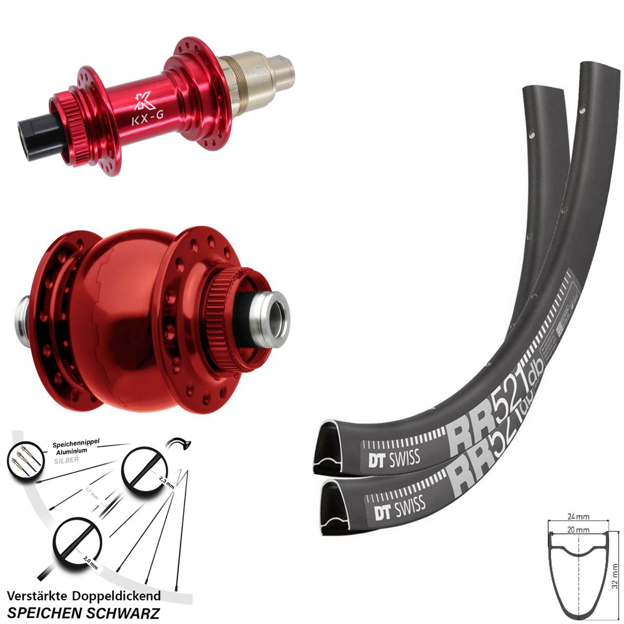 Disc Laufradsatz 12x100/142 DT Swiss RR521 KX-G rot SON 28 Zoll XDR