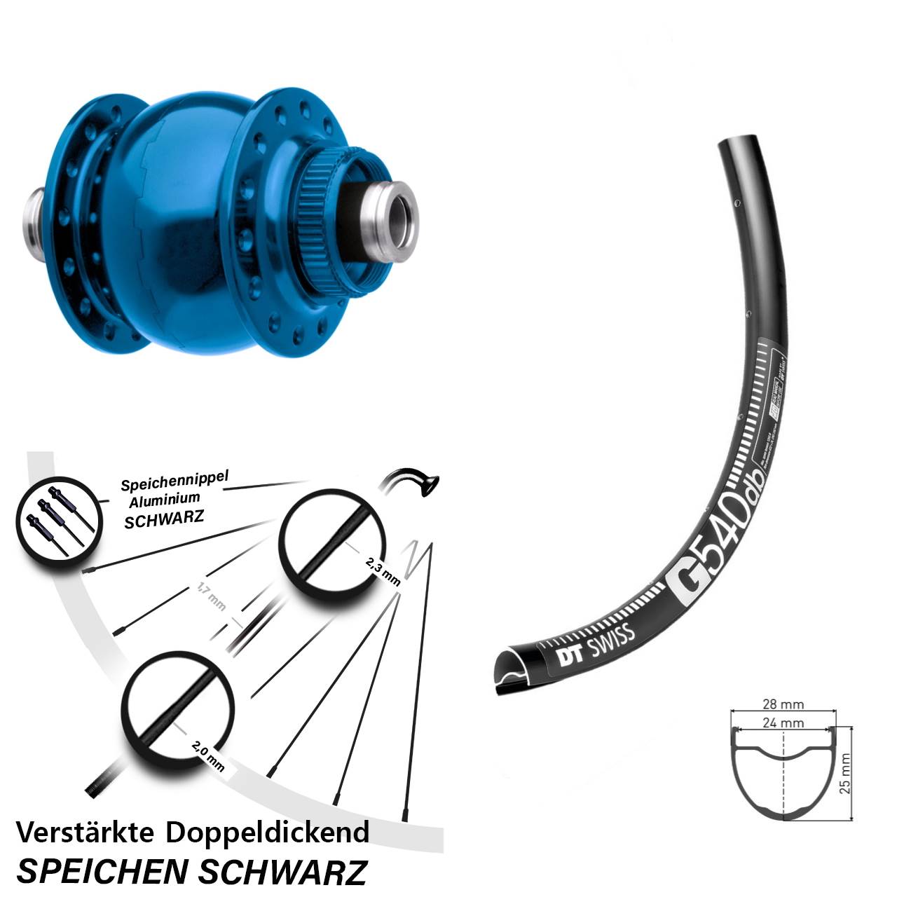 Centerlock Vorderrad mit Dynamo 28-29 Zoll DT Swiss G540 SON 28 blau 12x100