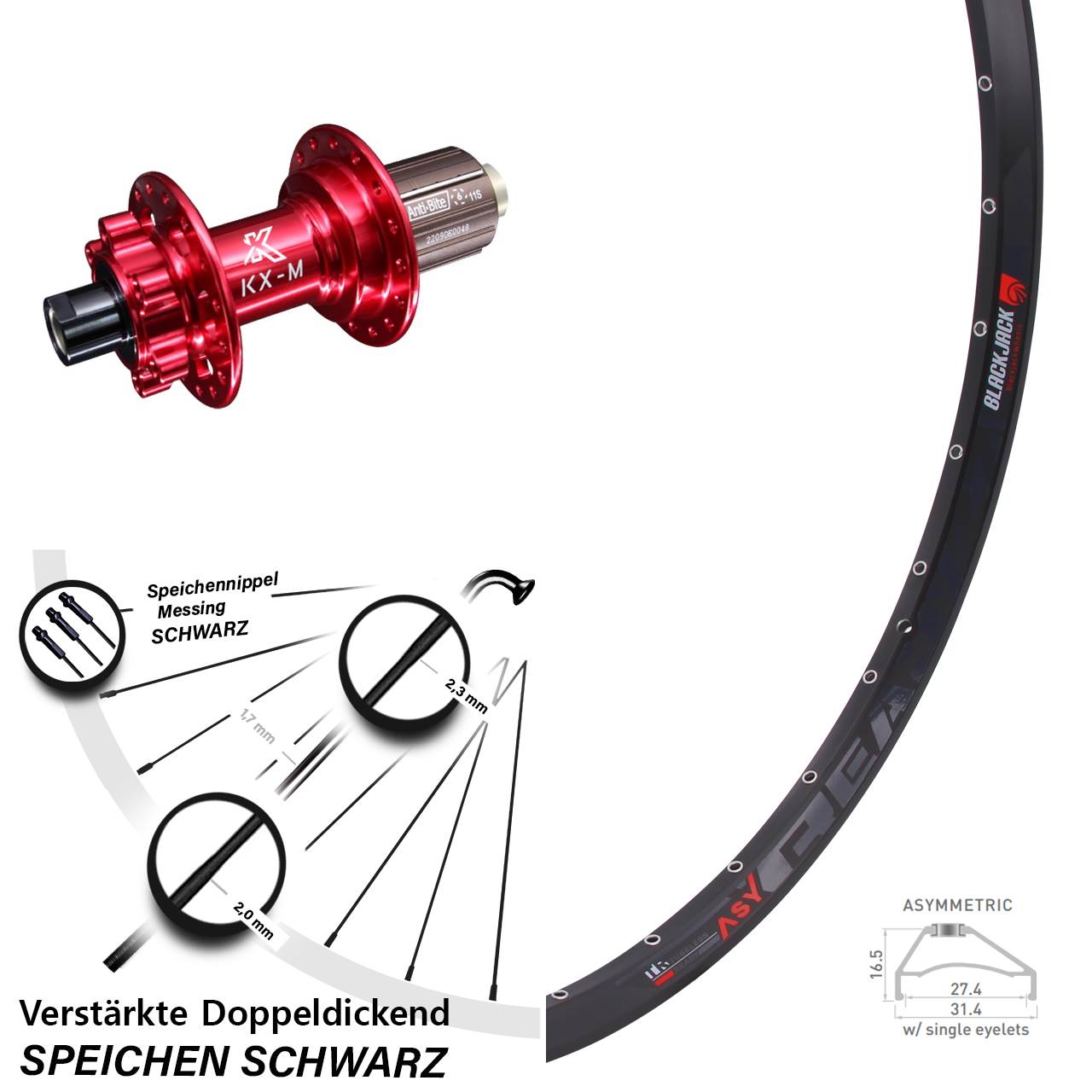 Rodi Ready 27 KX-M rot 27,5 Zoll Hinterrad 6-Loch 12x142 8-12 fach HG