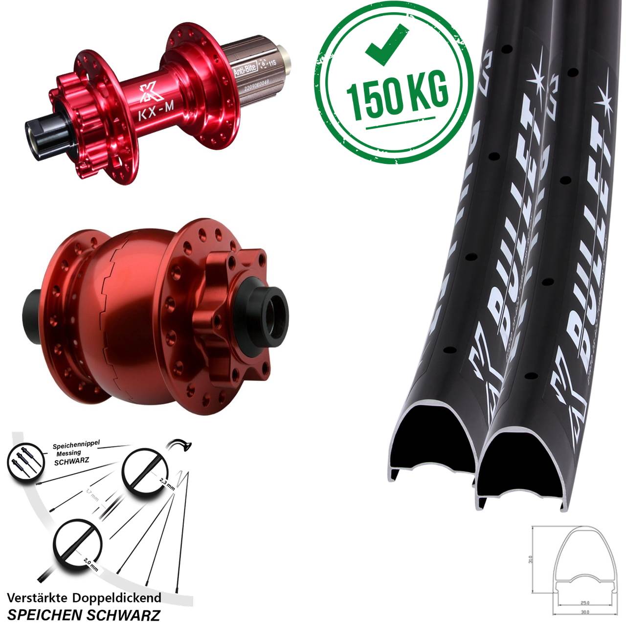 KX-M Bullet rot SON 28 rot 28-29 Zoll 6-Loch Laufradsatz 15x100 12x142 8-12 fach HG