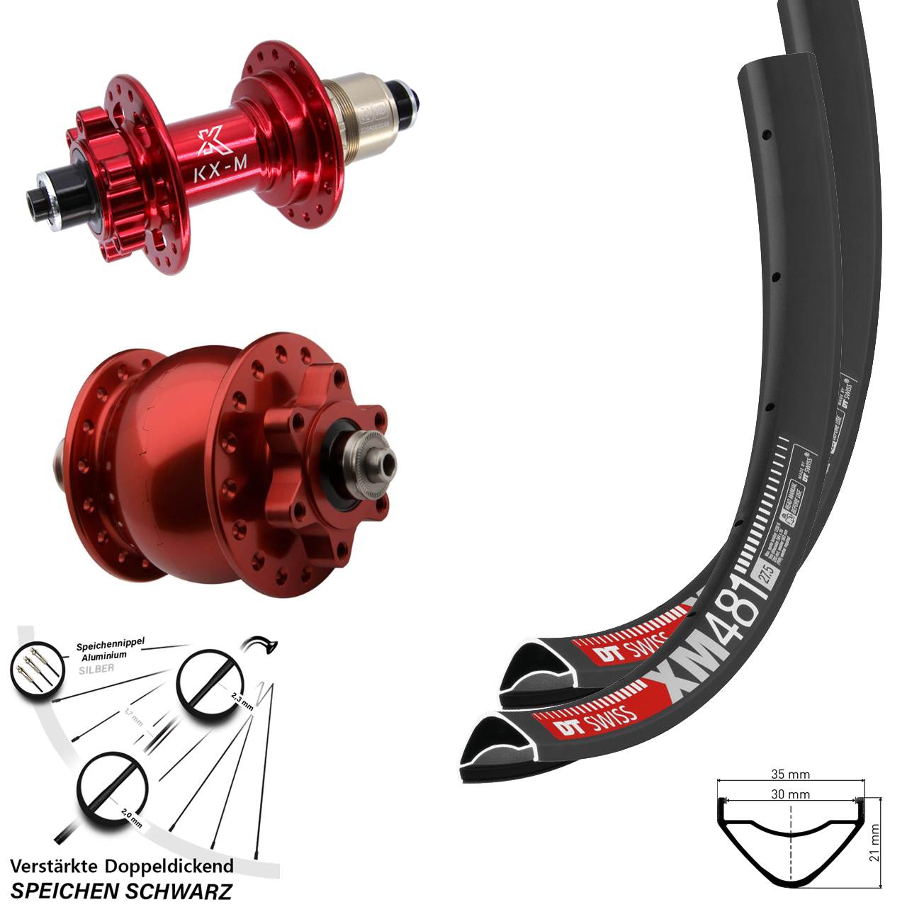 27,5 Zoll DT Swiss XM 481 KX-M rot SON 28 6-Loch Laufradsatz QR XD 11-12 fach