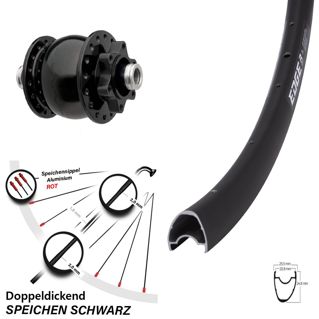 Vorderrad Nabendynamo SON 28 Zoll Ryde Edge R25 OS 6-Loch Disc 24 Speichen 12x100 mm