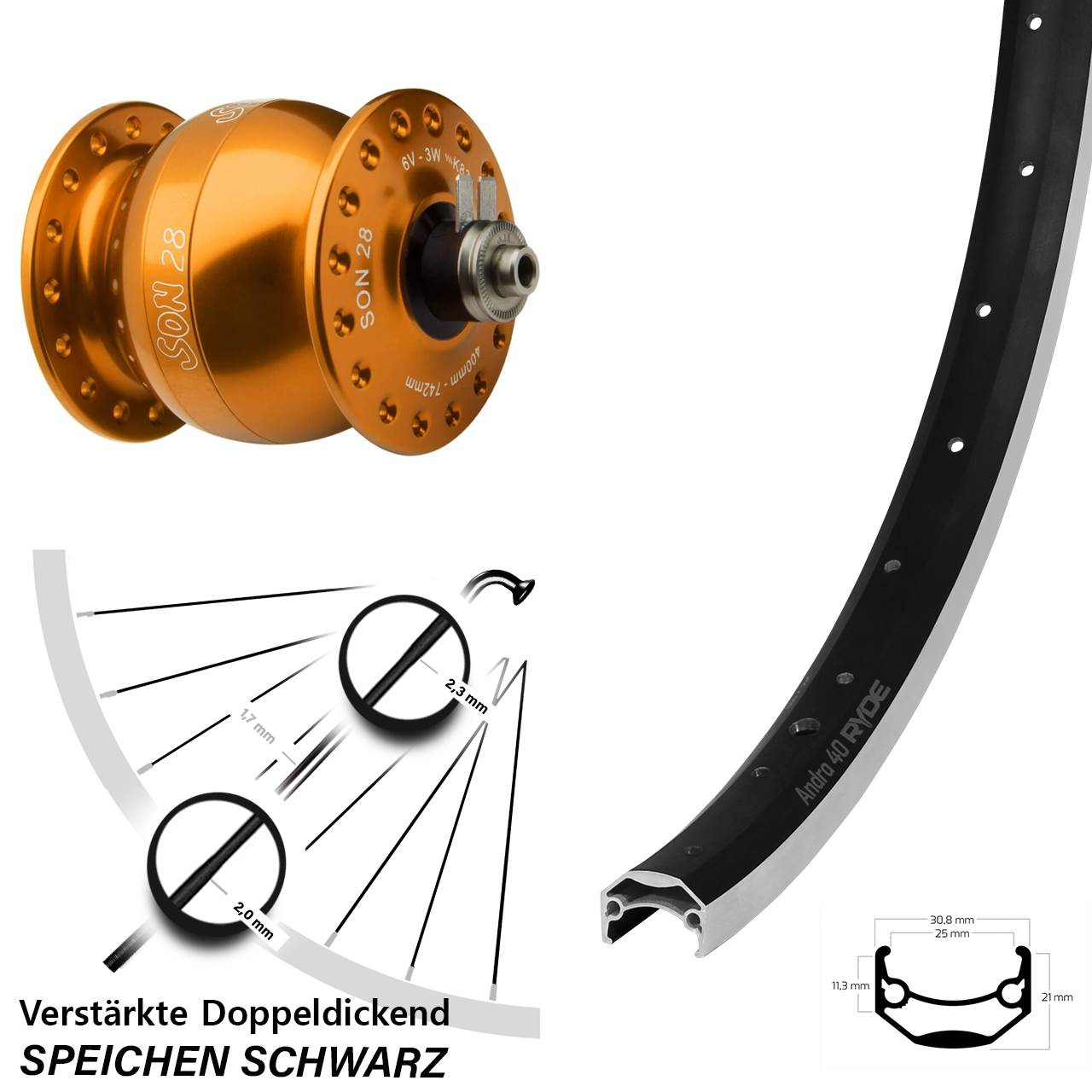20 Zoll Ryde Andra 40 SON 28 orange Vorderrad mit Nabendynamo QR