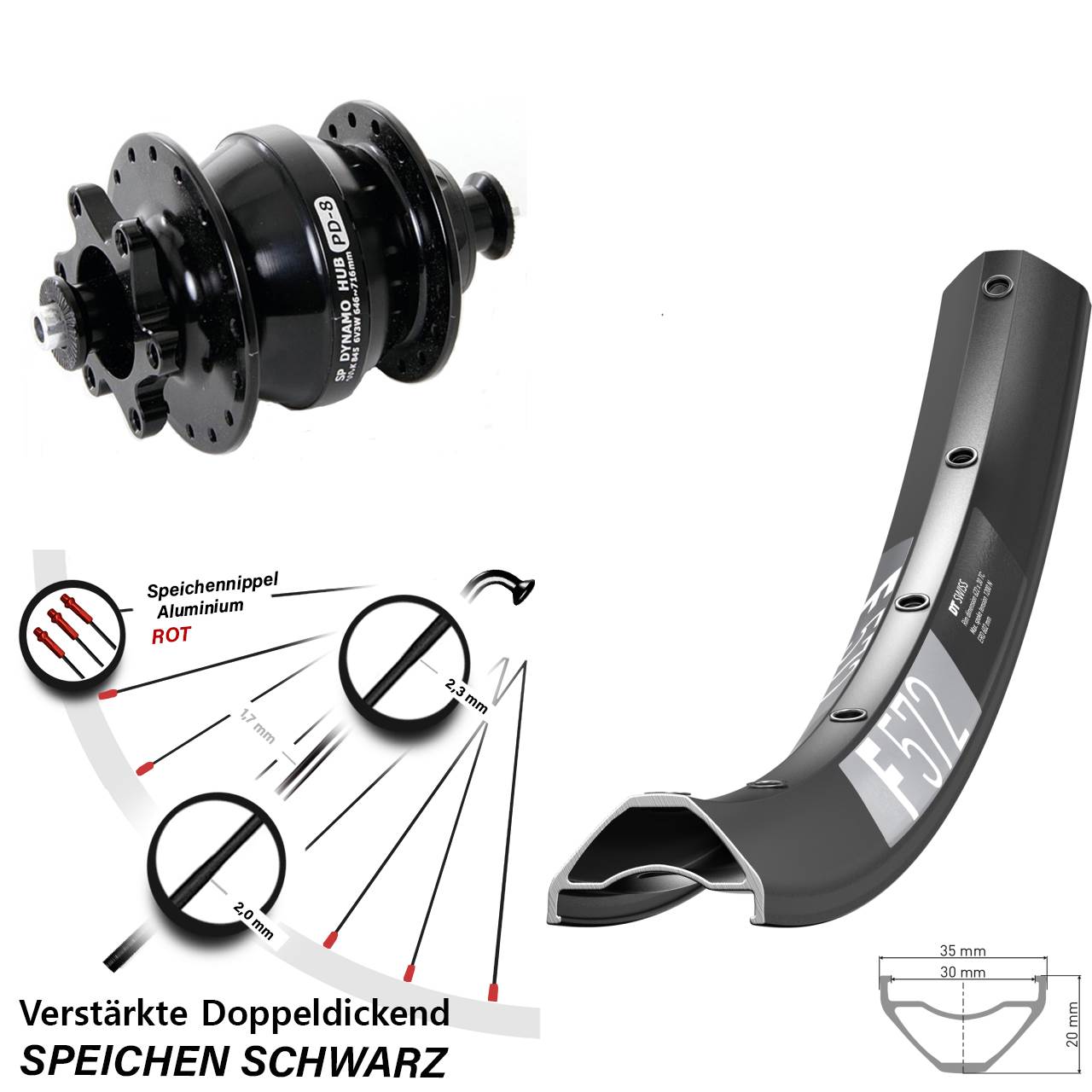Nabendynamovorderrad 6-Loch 29 Zoll DT Swiss F 572 Shutter PD-8 für Schnellspanner