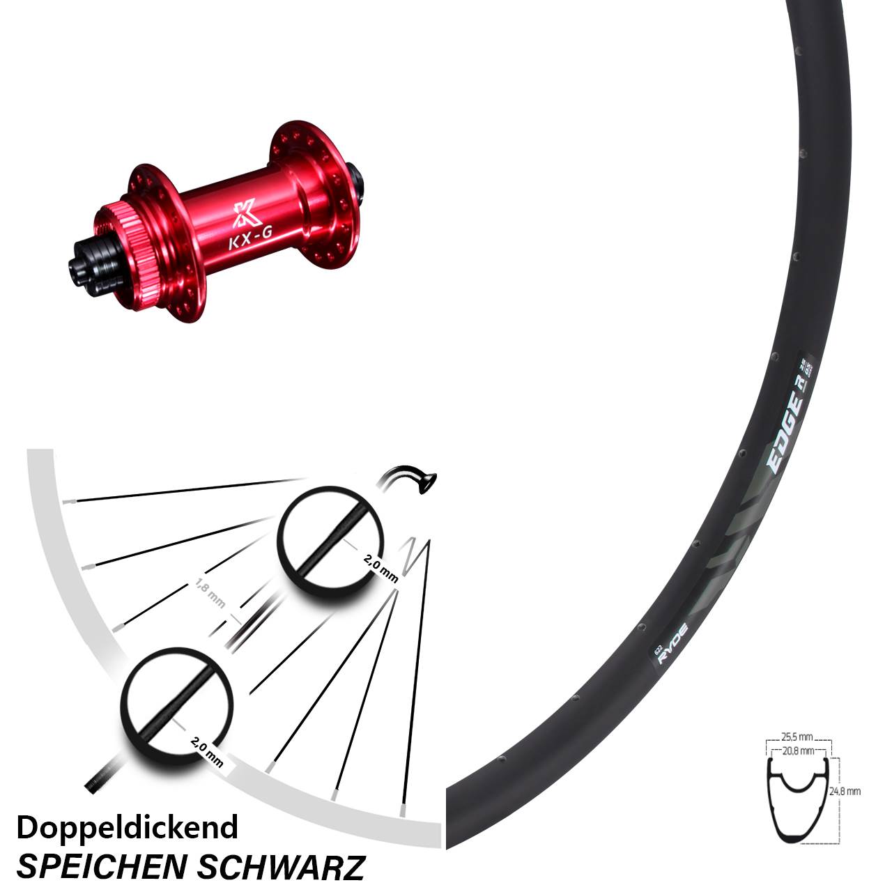 28 Zoll Vorderrad KX-G rot Centerlock Ryde Edge R25 OS Disc Schnellspanner Rennrad