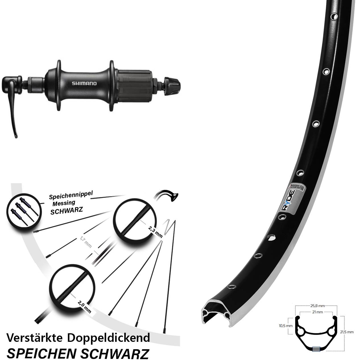 Ryde ZAC 421 Shimano FH-T3000 28 Zoll Hinterrad für Schnellspanner 8-11 fach