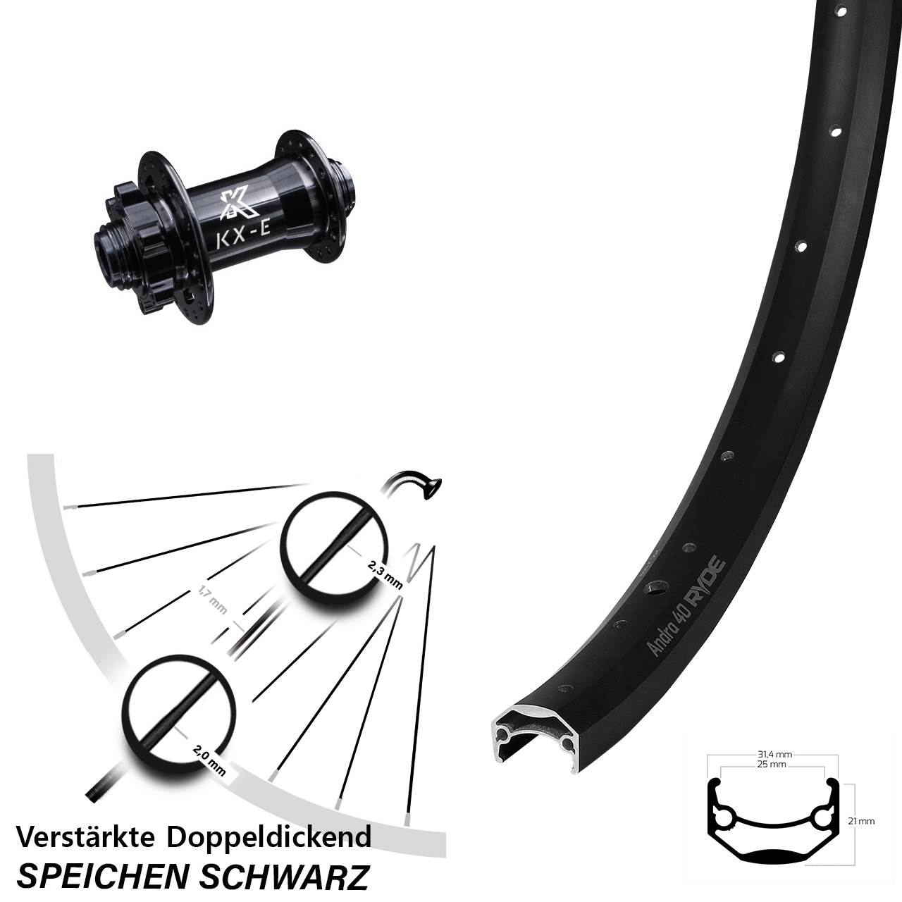 26 Zoll Ryde Andra 40 Disc KX-E 6-Loch Vorderrad 15x100