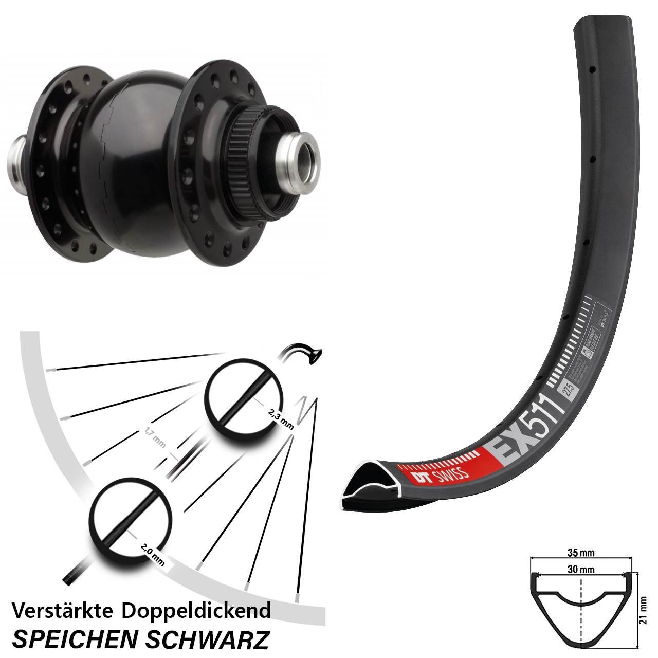 Disc Nabendynamo-Laufrad 29 Zoll DT Swiss EX 511 SON 28 12x110 Boost