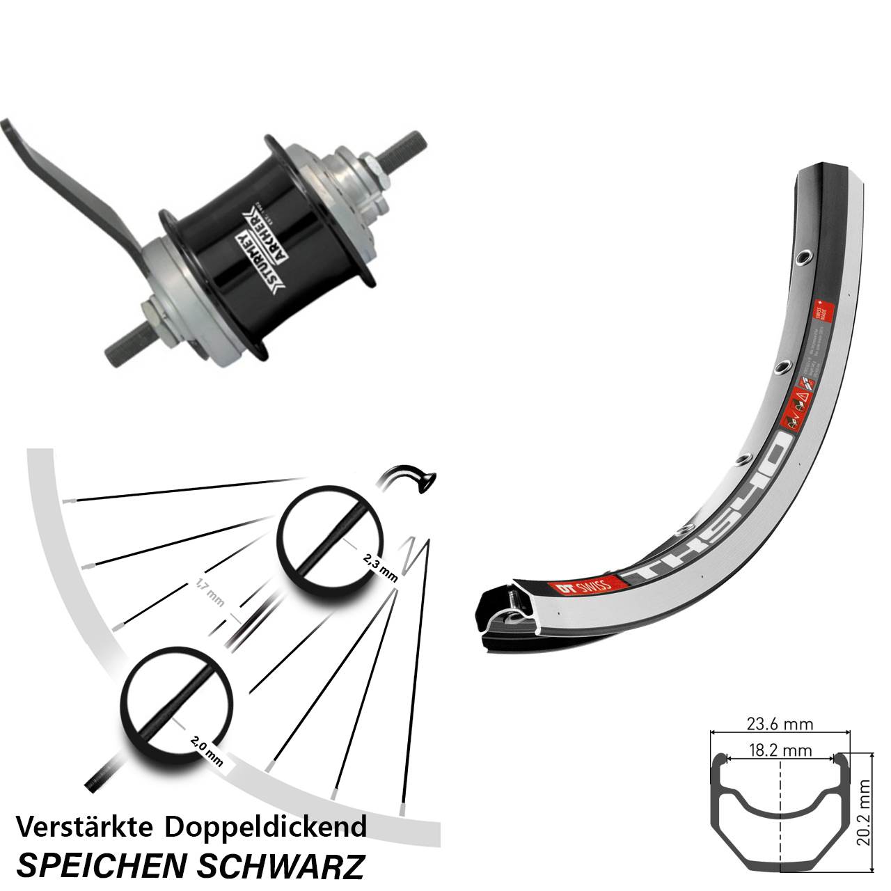 2-Gang Hinterrad 28 Zoll DT Swiss TK540 Sturmey Archer Duomatic Kick-Shift