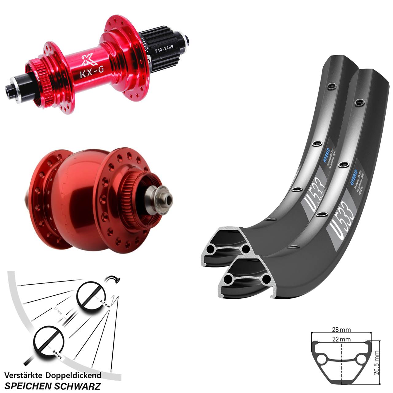 DT Swiss U533 KX-G rot SON 28 27,5 Zoll Centerlock Laufradsatz QR Micro Spline