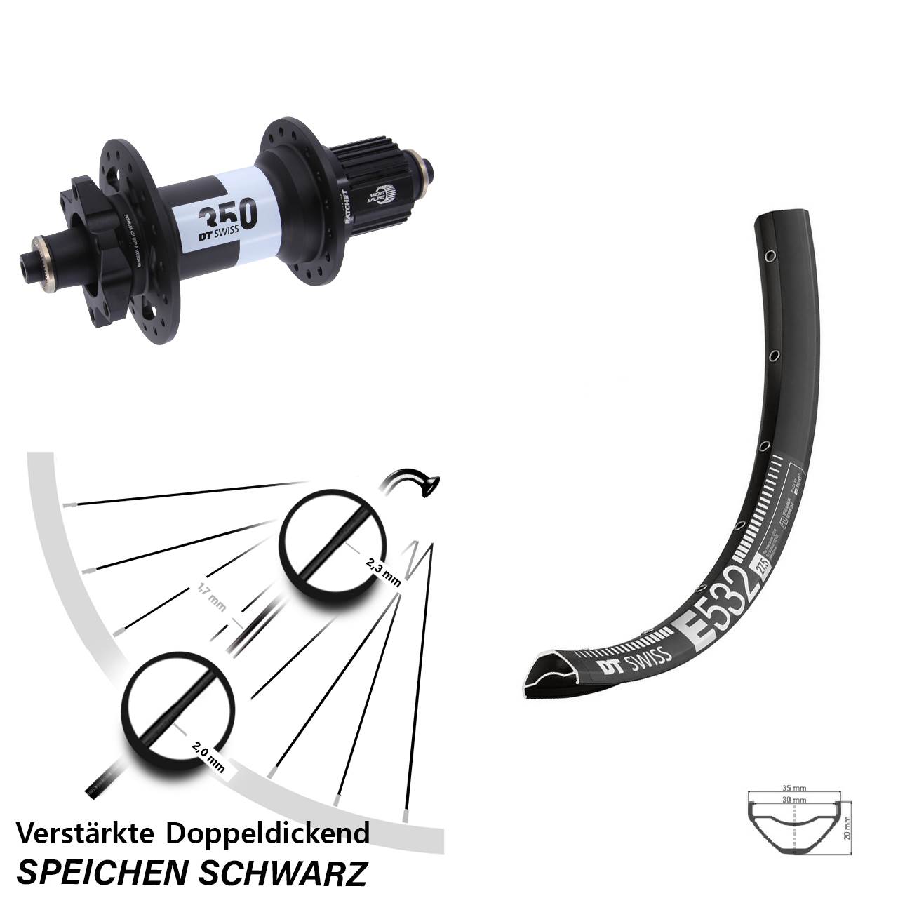 29 Zoll DT Swiss E532-350 Hinterrad für Schnellsp. Shimano Micro Spline