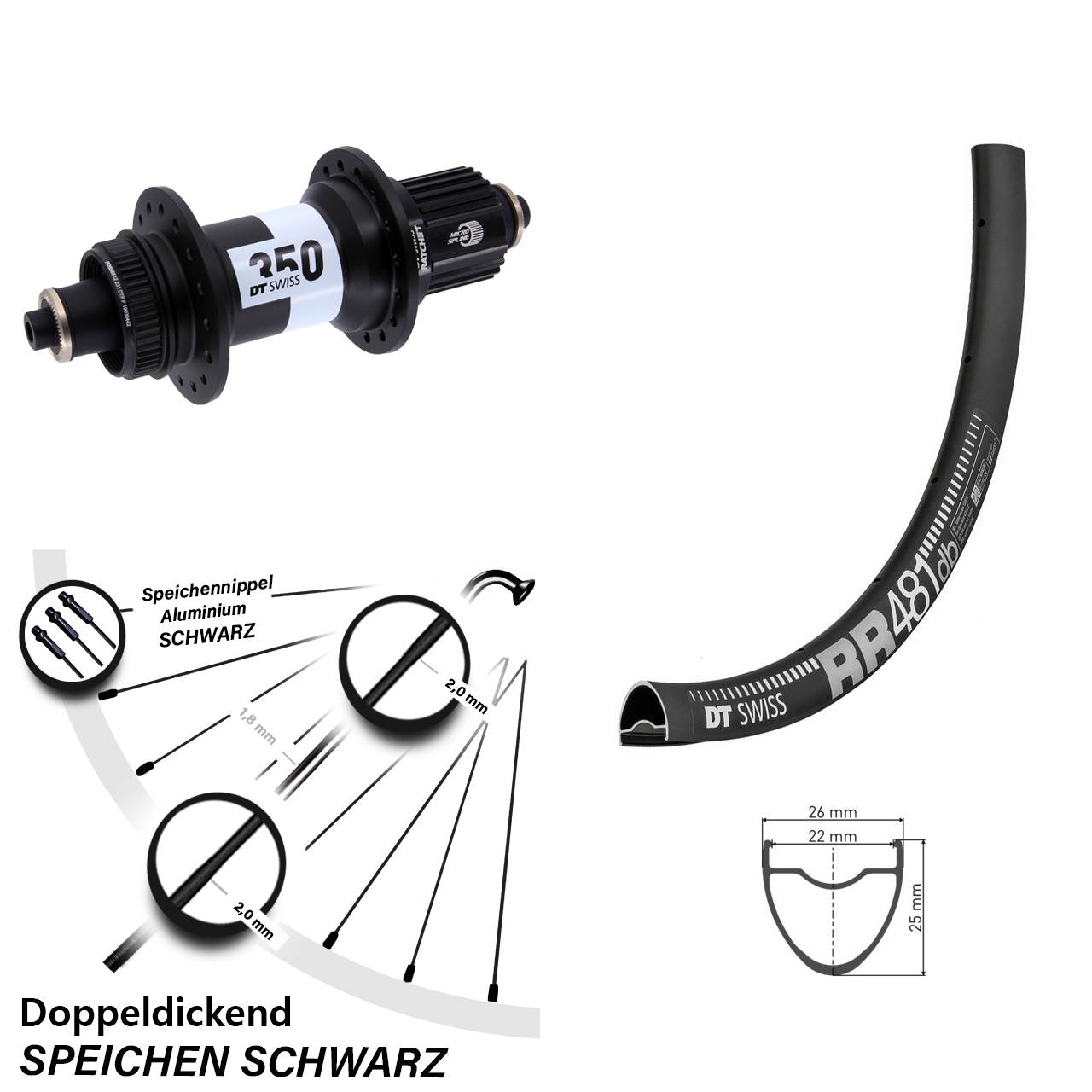 28 Zoll DT Swiss RR481-350 Hinterrad Centerlock für Schnellspanner Shimano Micro Spline