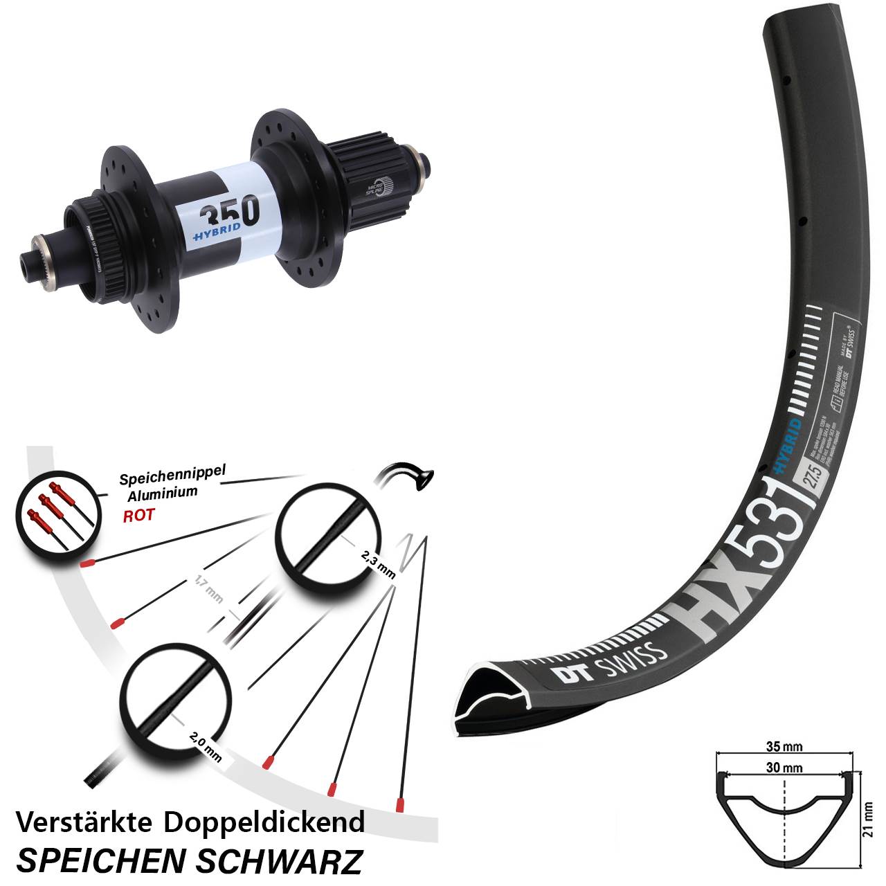 DT Swiss HX 531-Hybrid 350 29 Zoll Hinterrad für Schnellsp. Shimano Micro Spline