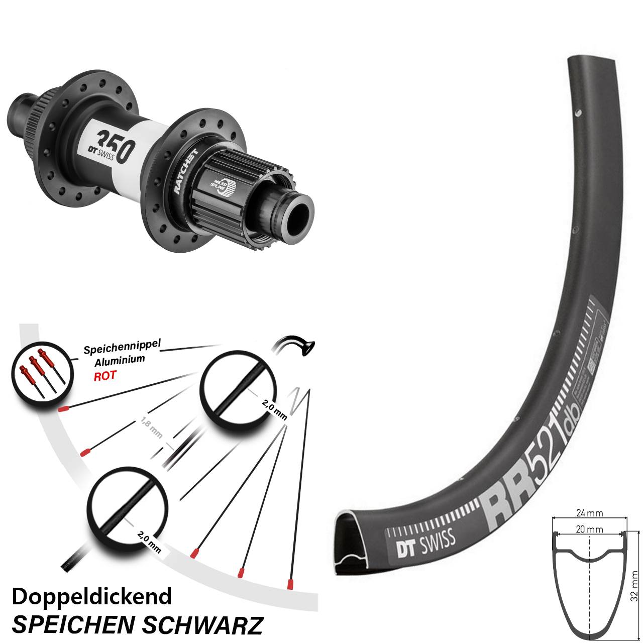 DT Swiss RR 521-350 Ratchet 36 28 Zoll Disc Hinterrad 12x142 Micro Spline